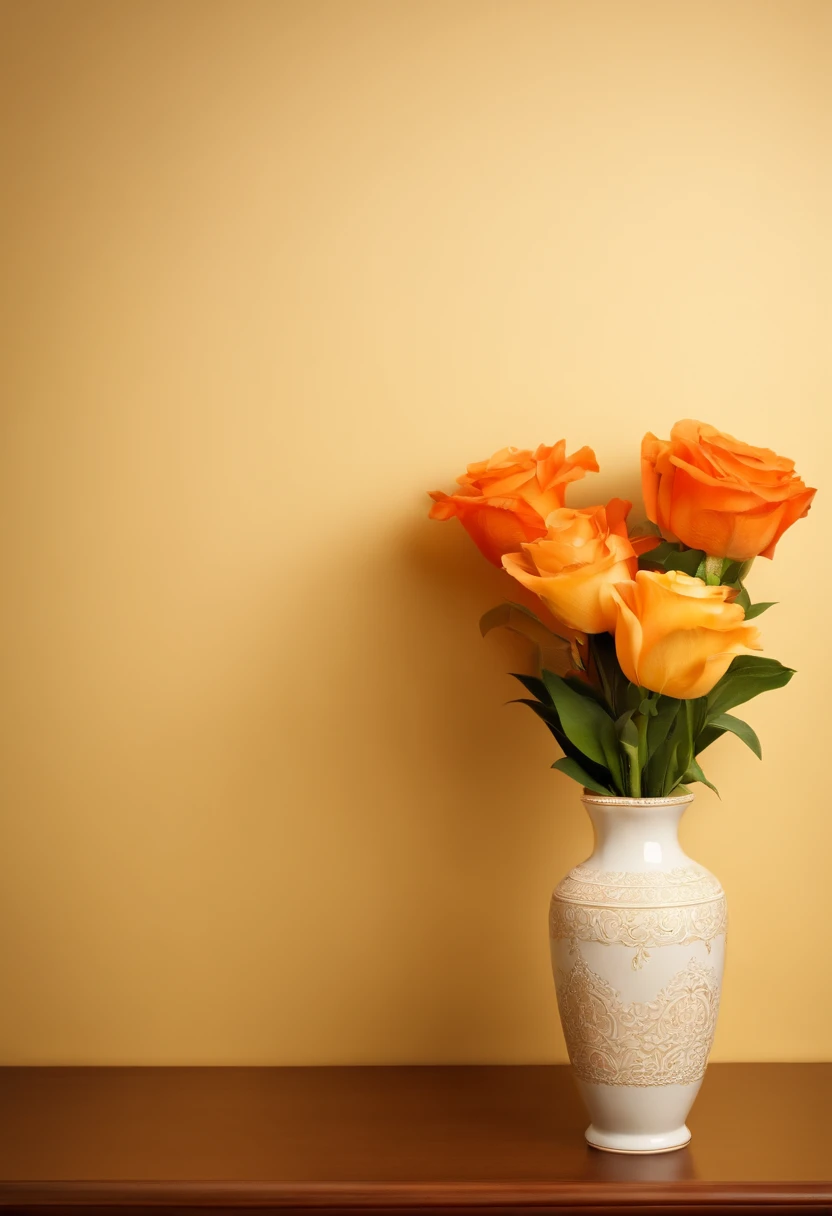 birthday photography wallpaper, Luxurious design, light yellow walls, has an embossed pattern, vase in brown left corner, vase in the orange right corner, Happy birthday inscription in the middle,