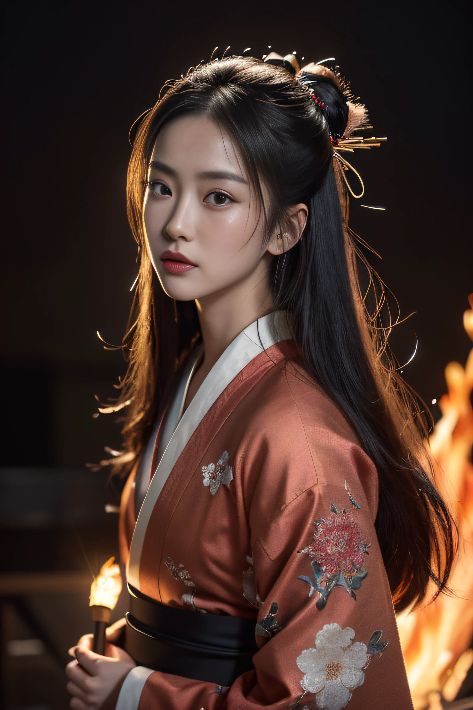 A Girl, full body shot of beautiful young Japanese female, long straight hair, wearing an elegant traditional kimono flower embroidery, (intricate detailed on kimono), epic background, Miraculous, Perfect face, small face, small head, (beautiful detailed eyes), symmetrical eyes, (detailed face), slender, dramatic lighting, (8k, photo, masterpiece), (highest quality), (best shadow), (best illustration), ultra high resolution, 8K wallpapers, physically based rendering, photo, realistic, realism, high contrast, hyperrealism, photography, f1.6 lens, intense colors, hyper-realistic realistic texture, (detailed face, weapons, fire, glitter), (nsfw:1.25), (samurai movie theme:1.2)