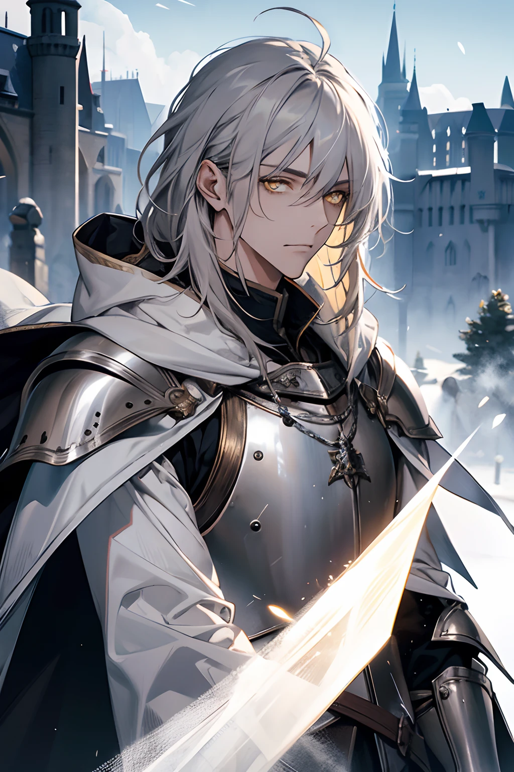 male, messy silver medium length hair with bangs, yellow eyes, adult face, adult, white hood and shroud, breast plate armor, sorcerer, handsome, medieval, castle background, detailed eyes, looking at viewer