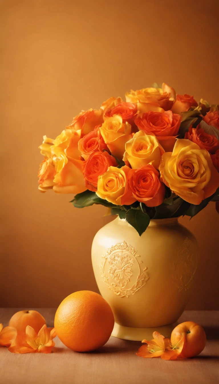 birthday photography wallpaper, Luxurious design, light yellow walls, has an embossed pattern, vase in brown left corner, vase in the orange right corner, Happy birthday inscription in the middle,
