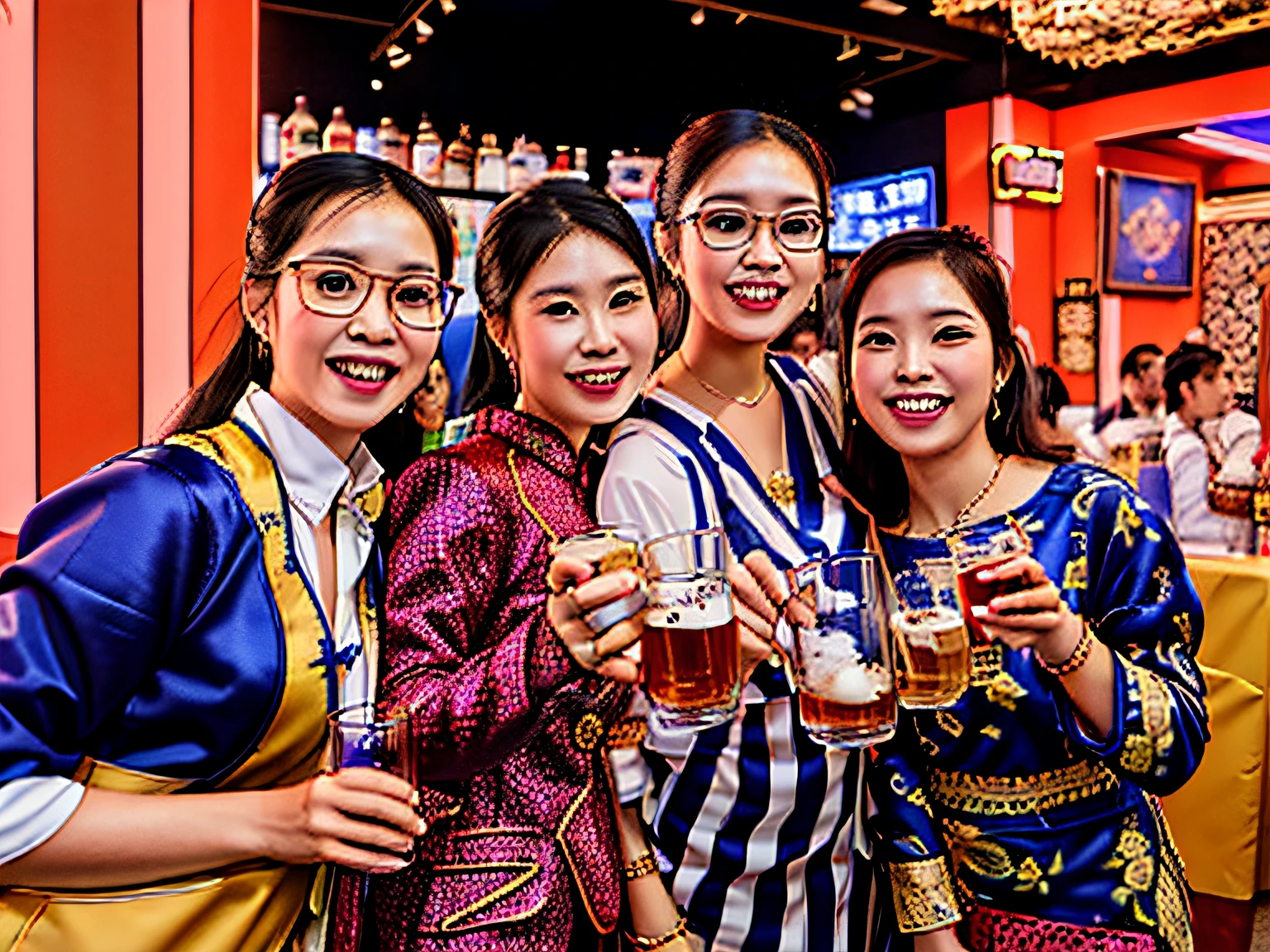 three women are holding glasses of beer and posing for a picture, cheers, many partygoers, at the party, with a drink, everyone having fun, drink, ao dai, wining, masterpiece work of art, in style of lam manh, dang my linh, 🤬 🤮 💕 🎀, having a great time, lady, party