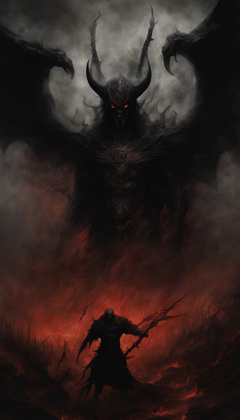 (Best quality,A high resolution:1.2),(Dark,menacing:1.1),(sinister:1.1),(Devil,satan,Lucifer:1.1),(The demons:1.1),(Ominous,Foreboding:1.1),(Powerful figure:1.1),(Red glowing eyes,Sharp teeth:1.1),(Black wings,Thick,Tattered:1.1),(Hell landscape:1.1),(Fire,brimstone:1.1),(Threatening atmosphere:1.1),(Dark shadows,Menacing presence:1.1),(Ominous clouds,Stormy sky:1.1),(Gloomy,Unforgettable mood:1.1),(Ominous aura,evil energy:1.1),(Dark aura,Smoke:1.1),(intense heat,fiery flames:1.1),(Surreal,Nightmarish vision:1.1),(Prophecy of the book of Revelation:1.1),(Twisted horns,Blazing Crown:1.1),(Ominous whisper,Evil laughter:1.1),(Screams of torment,Echoing cries:1.1),(Ominous symbols,Ancient runes:1.1),(Mystical Artifacts,Shadow artifacts:1.1),(Hell Rituals,Ritual sacrifices:1.1),(Demon Servant，,Dark creatures:1.1),(Desolate,barren wasteland:1.1),(Academy of Souls,Tormented souls:1.1),(Eternal curse,Desperate life:1.1),(The destruction of the end of the world,The world is in chaos:1.1),(Malicious intent,The embodiment of darkness:1.1),(A gateway to the underworld,Nightmare realm:1.1),(funk,terroral:sankta].
