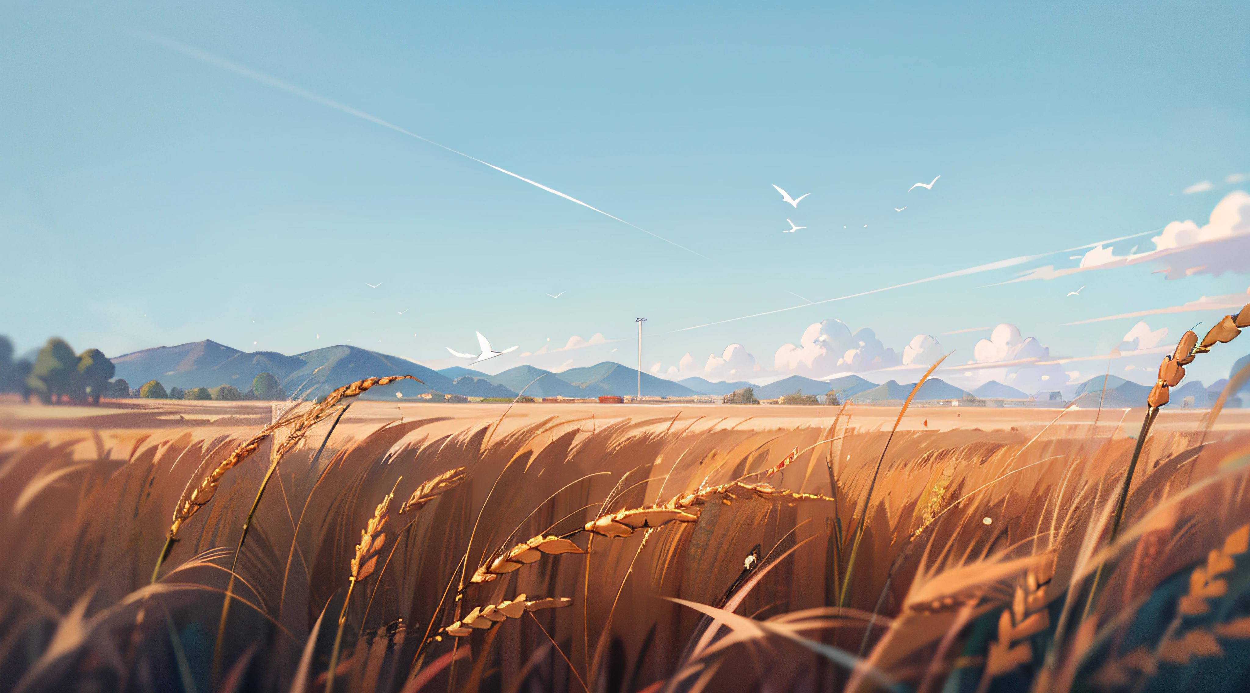 Green wheat fields，blue-sky，baiyun，The bird