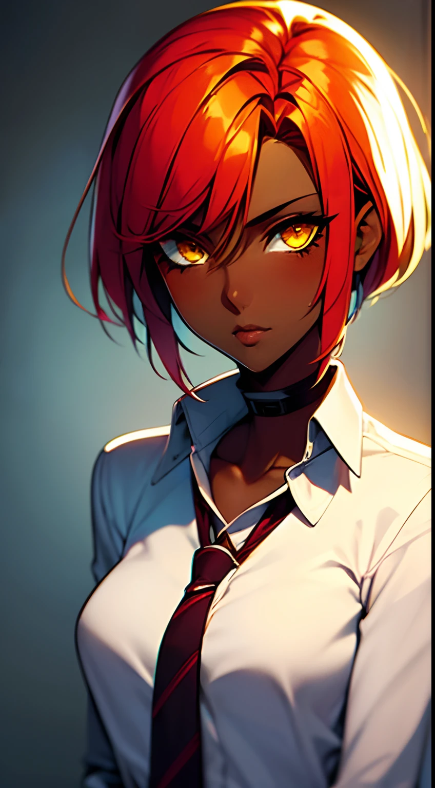 (masterpiece), (best quality), 1girl, yellow eyes, red hair, dark skin