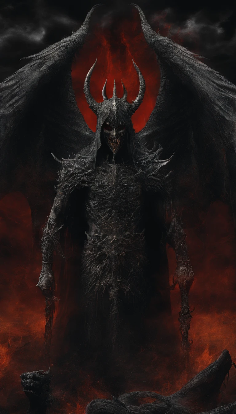 (Best quality,A high resolution:1.2),(Dark,menacing:1.1),(sinister:1.1),(Devil,satan,Lucifer:1.1),(The demons:1.1),(Ominous,Foreboding:1.1),(Powerful figure:1.1),(Red glowing eyes,Sharp teeth:1.1),(Black wings,Thick,Tattered:1.1),(Hell landscape:1.1),(Fire,brimstone:1.1),(Threatening atmosphere:1.1),(Dark shadows,Menacing presence:1.1),(Ominous clouds,Stormy sky:1.1),(Gloomy,Unforgettable mood:1.1),(Ominous aura,evil energy:1.1),(Dark aura,Smoke:1.1),(intense heat,fiery flames:1.1),(Surreal,Nightmarish vision:1.1),(Prophecy of the book of Revelation:1.1),(Twisted horns,Blazing Crown:1.1),(Ominous whisper,Evil laughter:1.1),(Screams of torment,Echoing cries:1.1),(Ominous symbols,Ancient runes:1.1),(Mystical Artifacts,Shadow artifacts:1.1),(Hell Rituals,Ritual sacrifices:1.1),(Demon Servant，,Dark creatures:1.1),(Desolate,barren wasteland:1.1),(Academy of Souls,Tormented souls:1.1),(Eternal curse,Desperate life:1.1),(The destruction of the end of the world,The world is in chaos:1.1),(Malicious intent,The embodiment of darkness:1.1),(A gateway to the underworld,Nightmare realm:1.1),(funk,terroral:sankta].