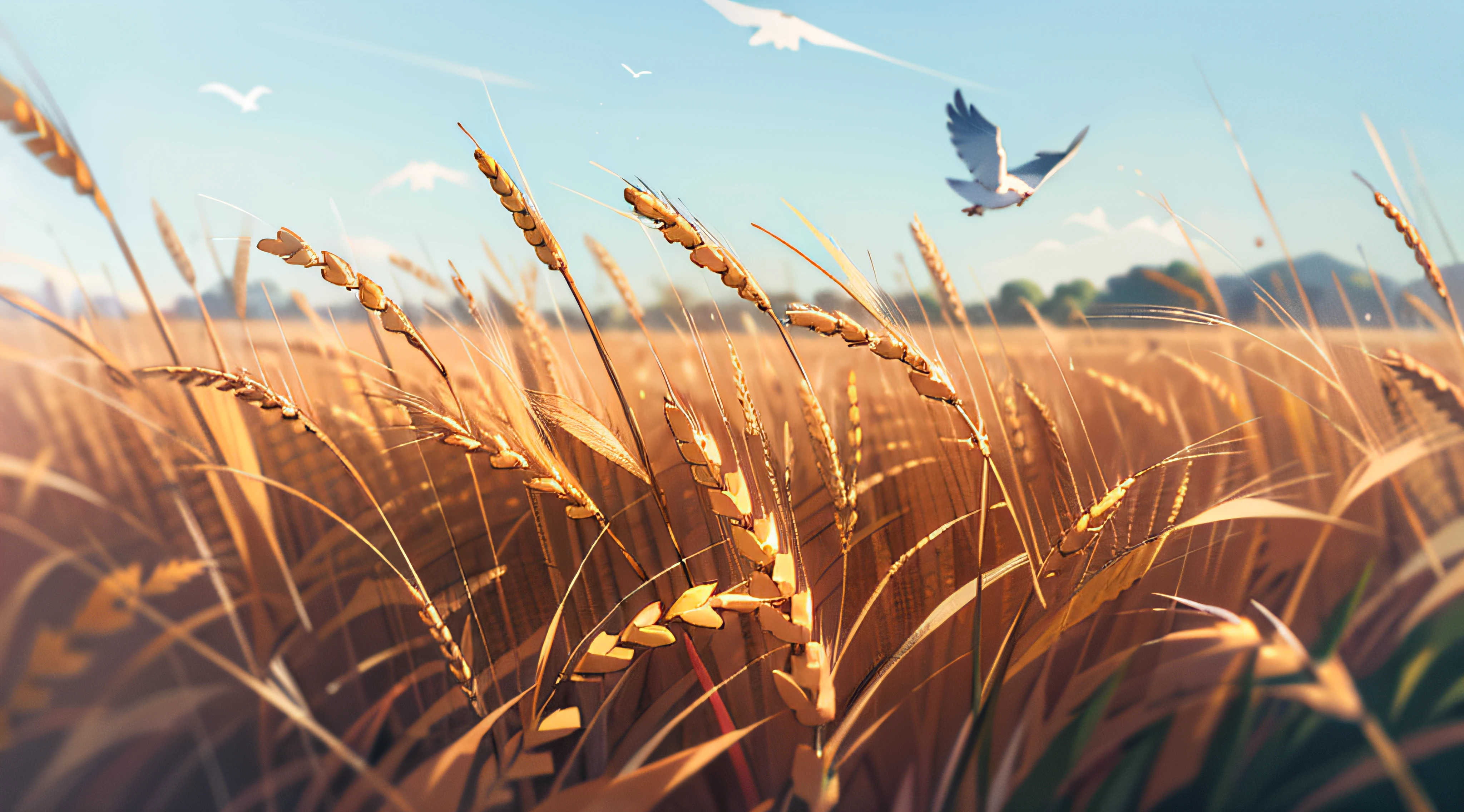 Green wheat fields,blue-sky,baiyun,The bird