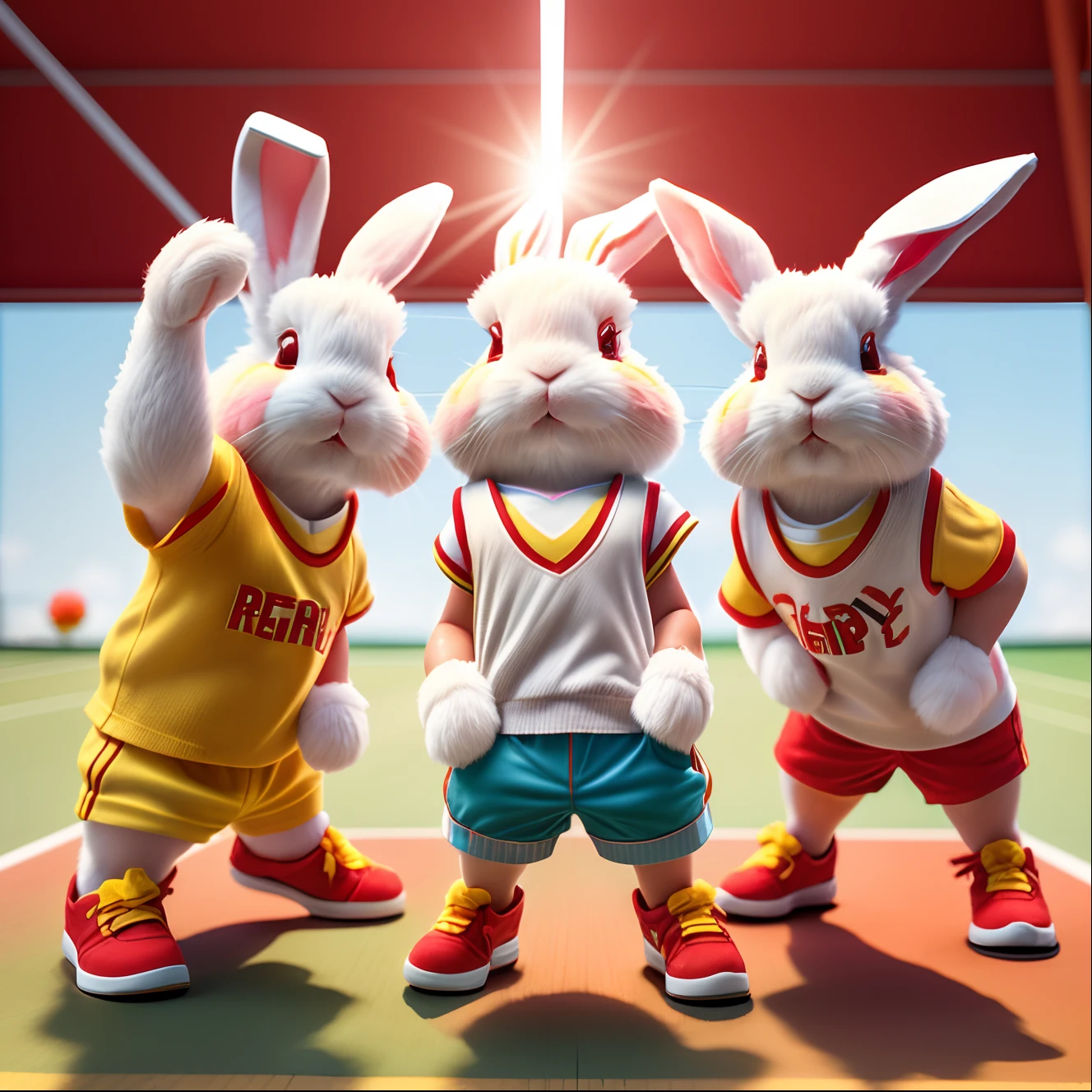 (There are 3 rabbits standing on the tennis court looking at their phones and taking pictures）, Moe rabbit， (Big bunny ears）,Red and yellow sports shirt and shorts, Red sneakers，（Rabbits pose for photos,） （All looking at their phones：1.2),adorable rabbit,  com mascot, [ Realistic photo ]!!, self-shot!!!!!, accidentally taking a selfie, Pose for Camera, looking at the camera in!!!, cute artwork,，3D，kawaii，Cartoony，Animate，