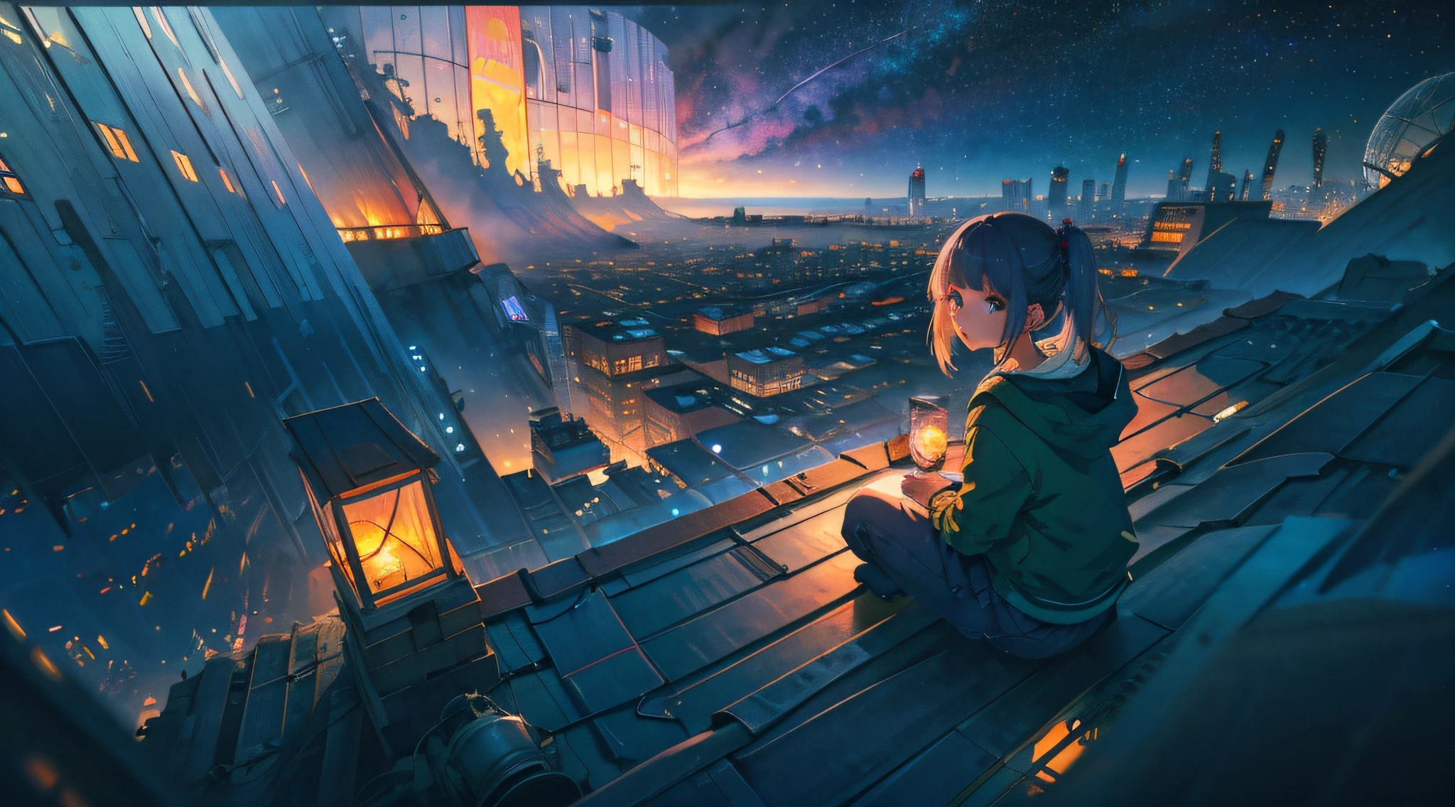 best quality, masterpiece, extremely detailed, detailed background, anime, 1girl, young girl, short girl, sci-fi, science fiction, outdoors, night, starry sky, greenhouse, megastructure, bio-dome, landscape, scenery, horizon, rooftop, sitting on rooftop, wind, looking away, atmospheric lighting, solo focus, close up, from side, depth of field, bokeh