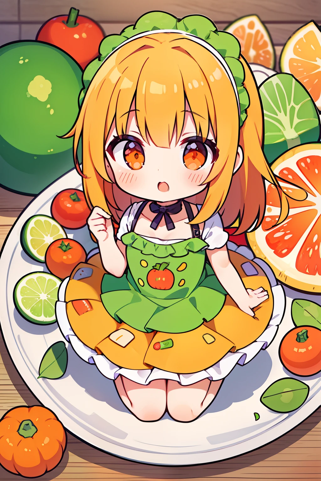 ((masutepiece:1.4, Best Quality)), ((masutepiece, Best Quality)),Illustration,(1girl in:1.5)(Verdure:1.5),(Vegetable Mascot Costume:1.2),carrots, tomatoes, Potato, Pineapple, broccoli, onion, lettuce, green pepper, cucumber, cauliflower, Eggplant, courgette, pumpkins, Satsuma, radish, col, Bean, cones, asparagus, brussels sprouts,（Orange hair）