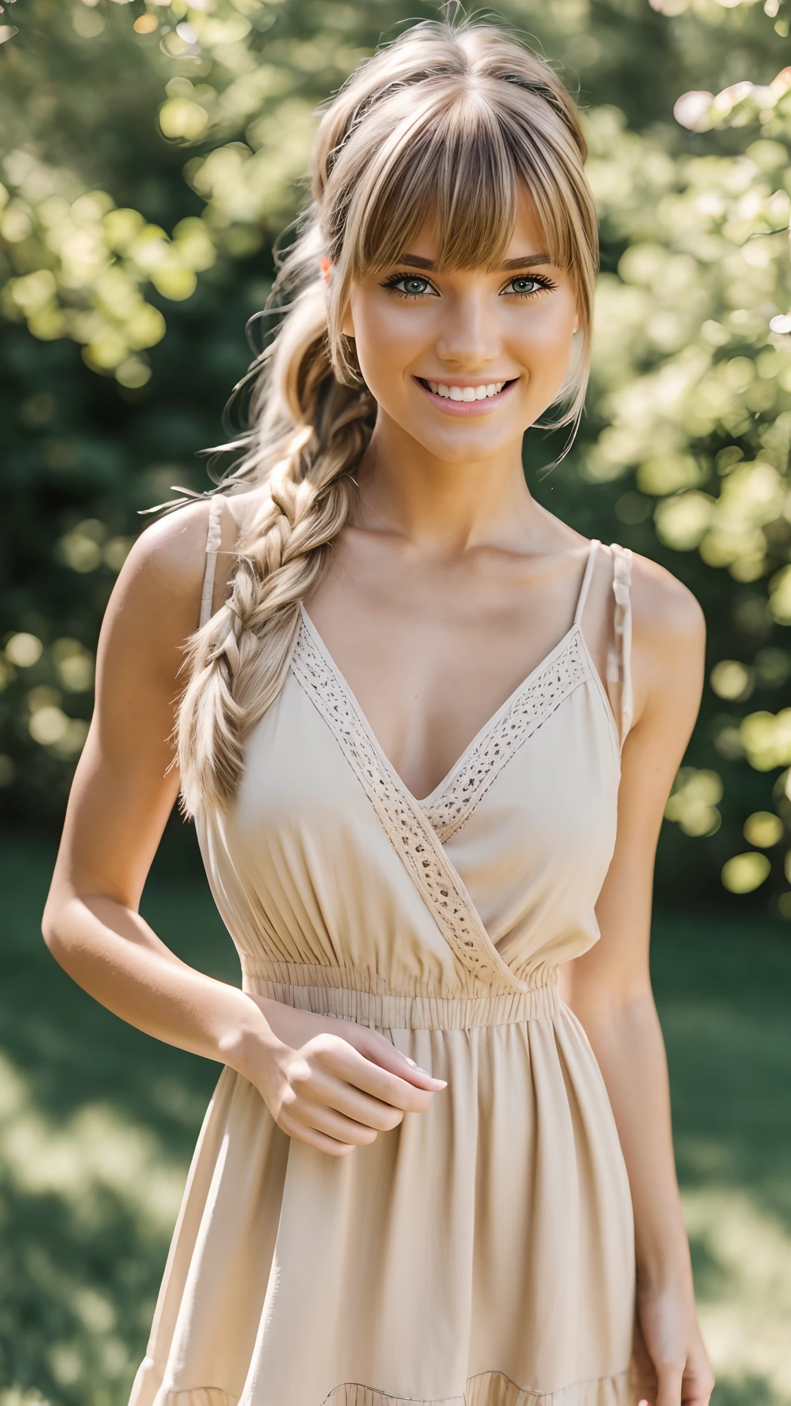 Hyper realistic and detailed full body photo one beautiful smiling blonde women wearing a small brown summer dress. Bangs hair with a ponytail. Sun is shining. Sharp light. perfect eyes. (Eye makeup:1.1), (highly detailed skin:1.1), RAW, analog style, sharp focus, 8k UHD, DSLR, high quality, Fujifilm XT3, grain, award winning, masterpiece.