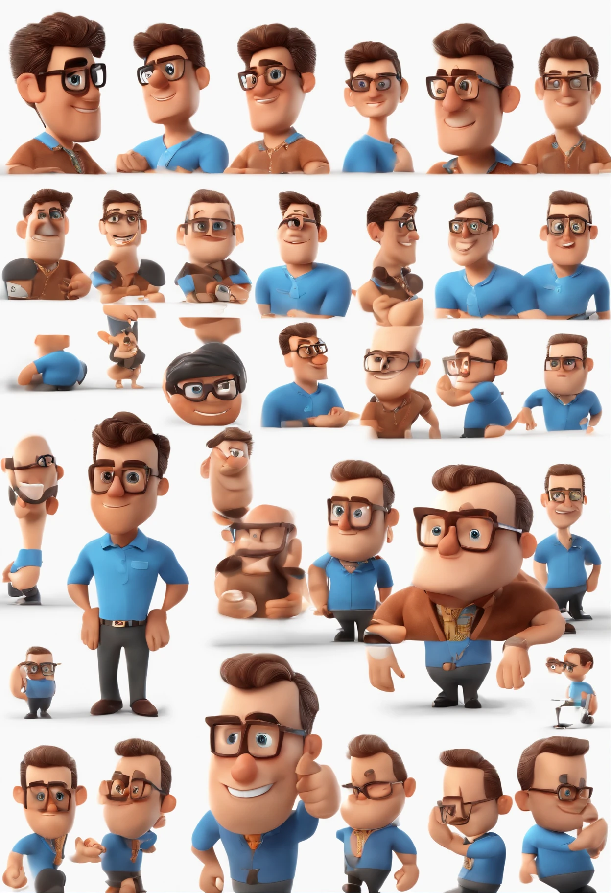 Cartoon character of a man with black glasses and a blue shirt, animation character, Caractere estilizado, animation style rendering, 3D estilizado, Arnold Maya render, 3 d render stylized, toon render keyshot, Personagem 3D, Personagem 3D, 3d rendering stylized, 3 d character render, personagem de desenho animado, Personagem de close up, Pose de personagem,  (Estilo Pixar) (master part:1.2) (Bokeh) (best quality) (pele detalhada) (textura detalhada) (8k) (argila) (Cinematic lighting) (foco nítido
