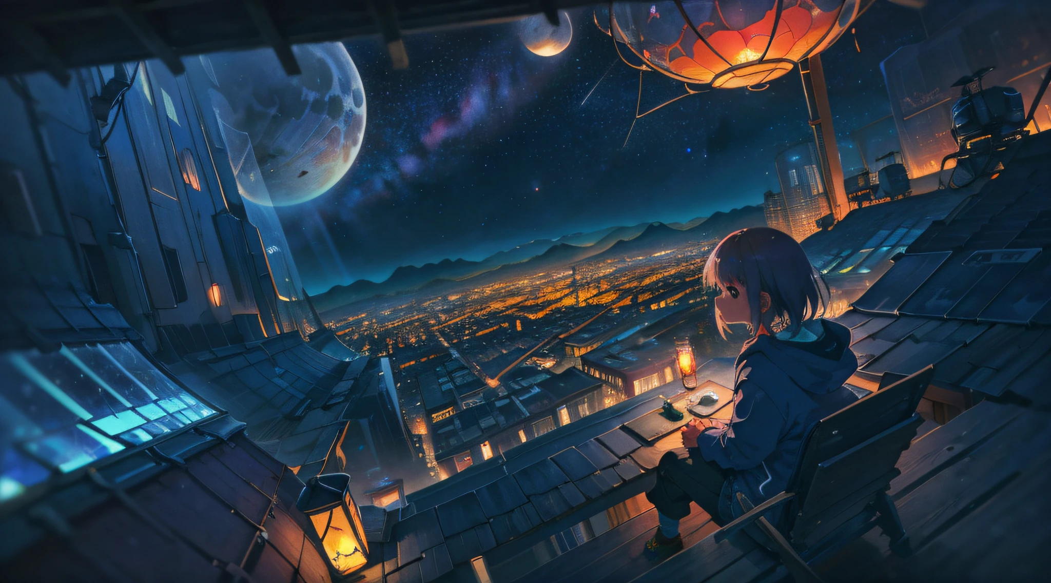 best quality, masterpiece, extremely detailed, detailed background, anime, 1girl, young girl, short girl, sci-fi, science fiction, outdoors, night, starry sky, greenhouse, megastructure, bio-dome, landscape, scenery, horizon, rooftop, sitting on rooftop, wind, looking away, atmospheric lighting, solo focus, close up, from side, depth of field, bokeh