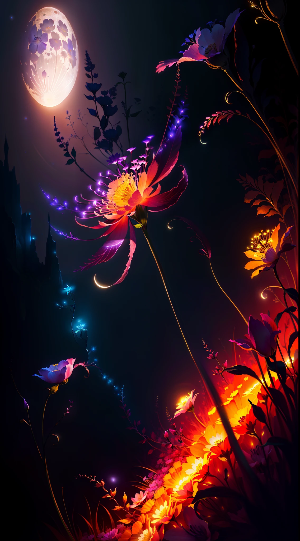 A full moon shines on the flowers, calm evening. Digital illustration, Glowing flowers, Glowing lights! Digital painting, Beautiful digital artwork, moonlight shining on wildflowers, lights with bloom, A beautiful artwork illustration, background artwork, Luminous flowers, surreal waiizi flowers, glowing delicate flower, fantasy magical vegetation, Moon, Beautiful digital illustration.8k