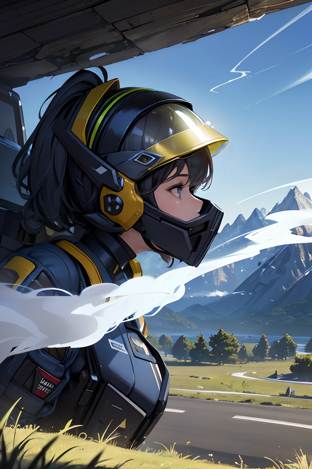 Close-up photo of an award-winning woman (SF Explorer:1.3) Wearing a helmet with hexagonal glass visor, [Style Psycho::10], Sideways (Crashing Vehicles:1.2), (Smoke:1.4), Look out over a lush alien planet, (mountainscape:1.2) (tall grass:1.2), boulders, Highly detailed, Fine detail, (Convoluted:1.3), (Lens Flare:0.6), (Backlighting:0.8), (bloom:0.8), Shallow depth of field