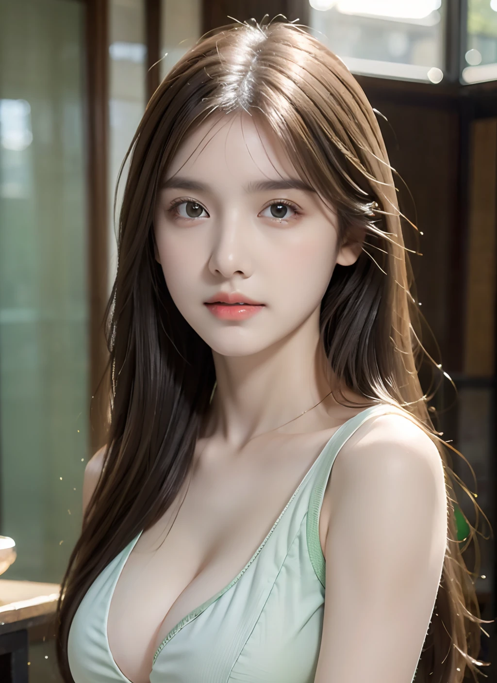 ar old ian girl, wearing school dress, in school, blur background, pale green eyes, ultrarealistic, detailed skin, 8k, raw photo, half body pose, portrait, cleavage, Big boobs