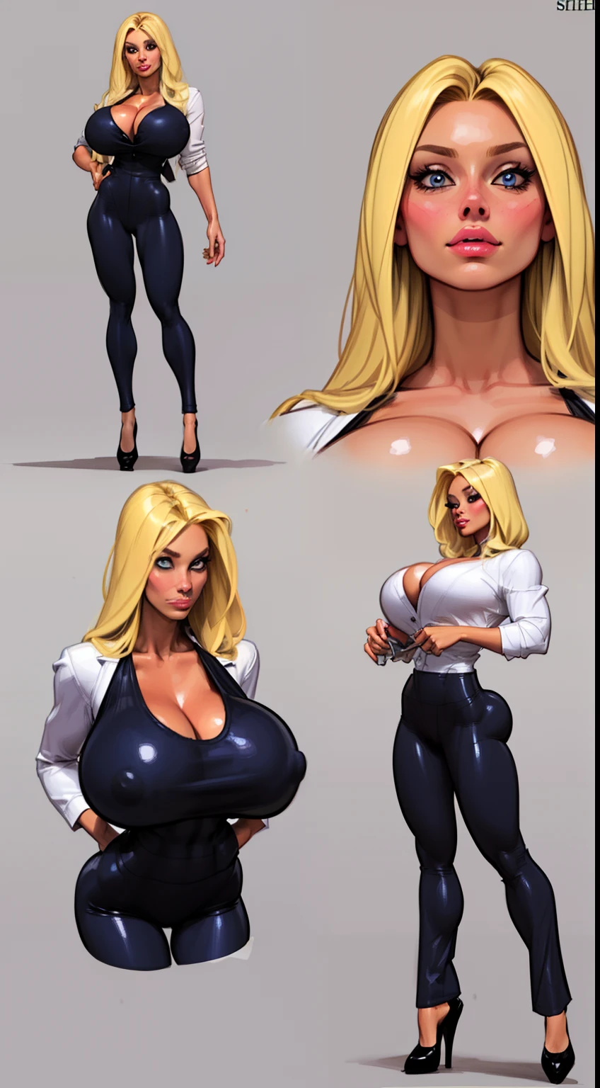 ((masterpiece)),(((best quality))), ((character design sheet:1.4)), ((full body view)) illustration,1girl, muscular, (( dark business suit:1.5)), bubbles, ((hair combed to side:1.4)), ((light blonde hair:1.4)), blue suit ((detailed face:1.4)) ((gigantic breasts:1.6)), (latex pants), ((cleavage)), beautiful woman, shiny skin, (thick legs), scribbles and marks, rough sketches, pose, 8k,16k, (simple background, white background: 1.3)