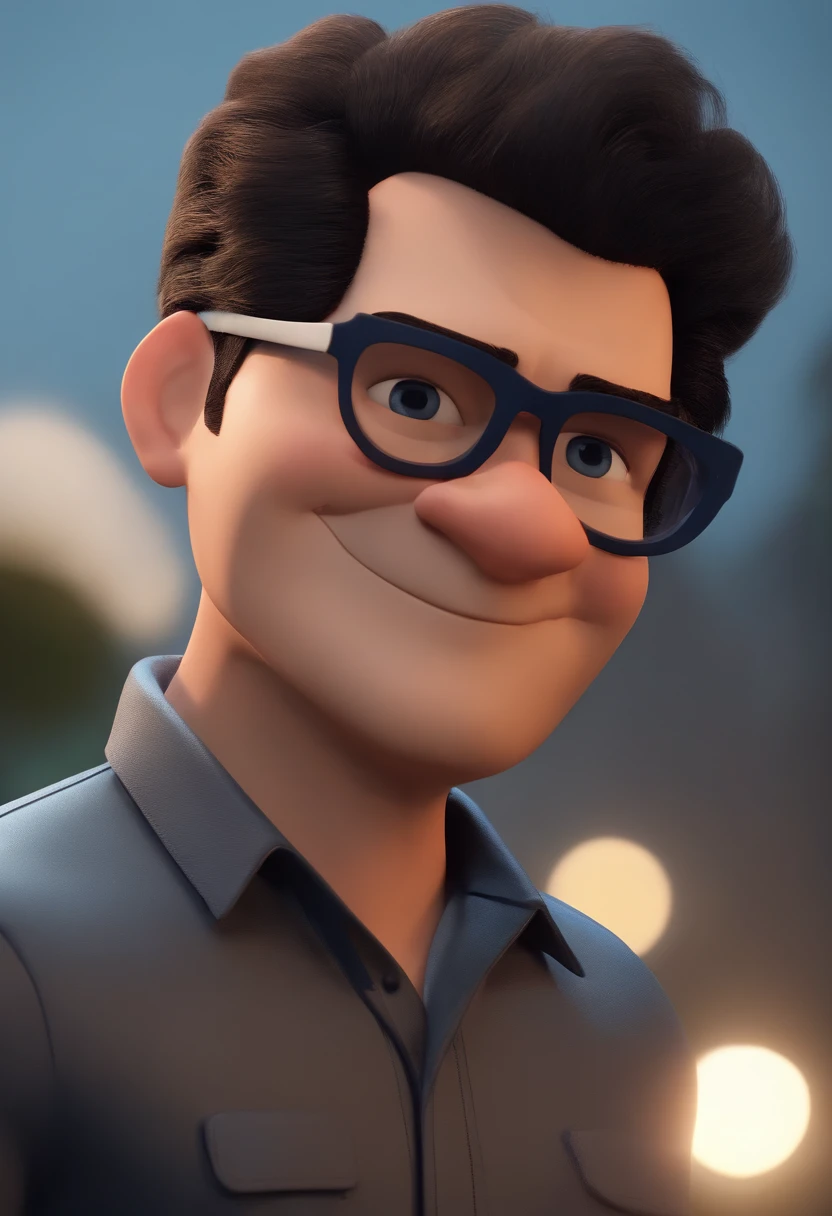 Cartoon character of a man wearing black glasses and a blue shirt, um personagem animado, Caractere estilizado, animation style rendering, 3D estilizado, Arnold Maya render, 3 d render stylized, toon render keyshot, Personagem 3D, Personagem 3D, 3d rendering stylized, 3 d character render, personagem de desenho animado, Personagem de close up, Pose de personagem, (Estilo Pixar) (master part:1.2) (Bokeh) (best quality) (pele detalhada) (textura detalhada) (8k) (argila) (Cinematic lighting) (foco nítido,Senta e vaza a parte superior do corpo