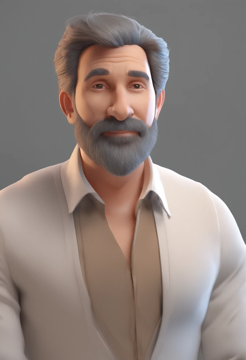 Homem 48 anos, branco, cabelos e barba grisalhos, sobrepeso, sobrancelhas grossas pretas inclinadas para o centro, testa livre, nariz reto, sorriso largo estilo pixar