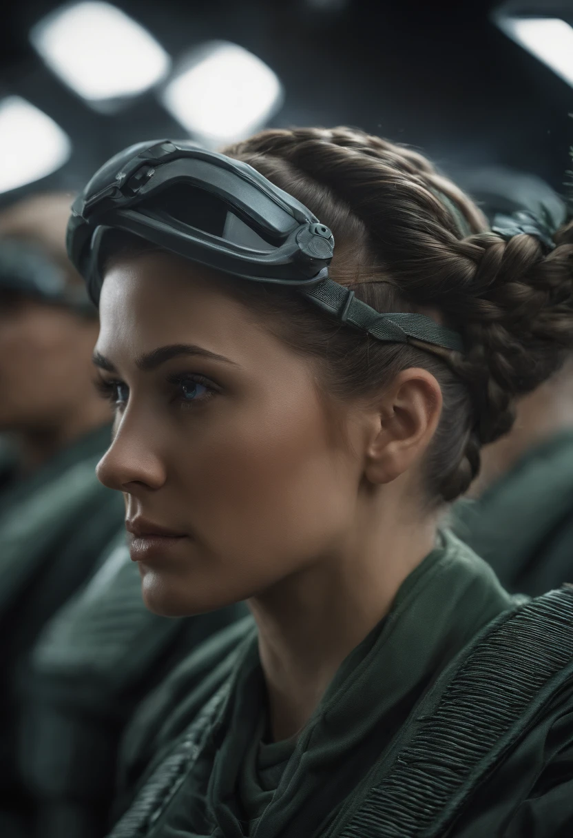 movie poster,((Braided hairstyle : 1.5)),Anime 86 Reference ,science fiction,scientific fiction,Filmes,War action films,space,atmosfera,heaven,battleship,multiple characters,mulher,Adultos,olhos verdes,cabelos pretos,(Pia franja penteado) : 1.8 ),(Red glasses),Uniforme Geral,Uniforme Branco do Comandante,detalhes realistas do rosto,realismo,Rosto 3D,