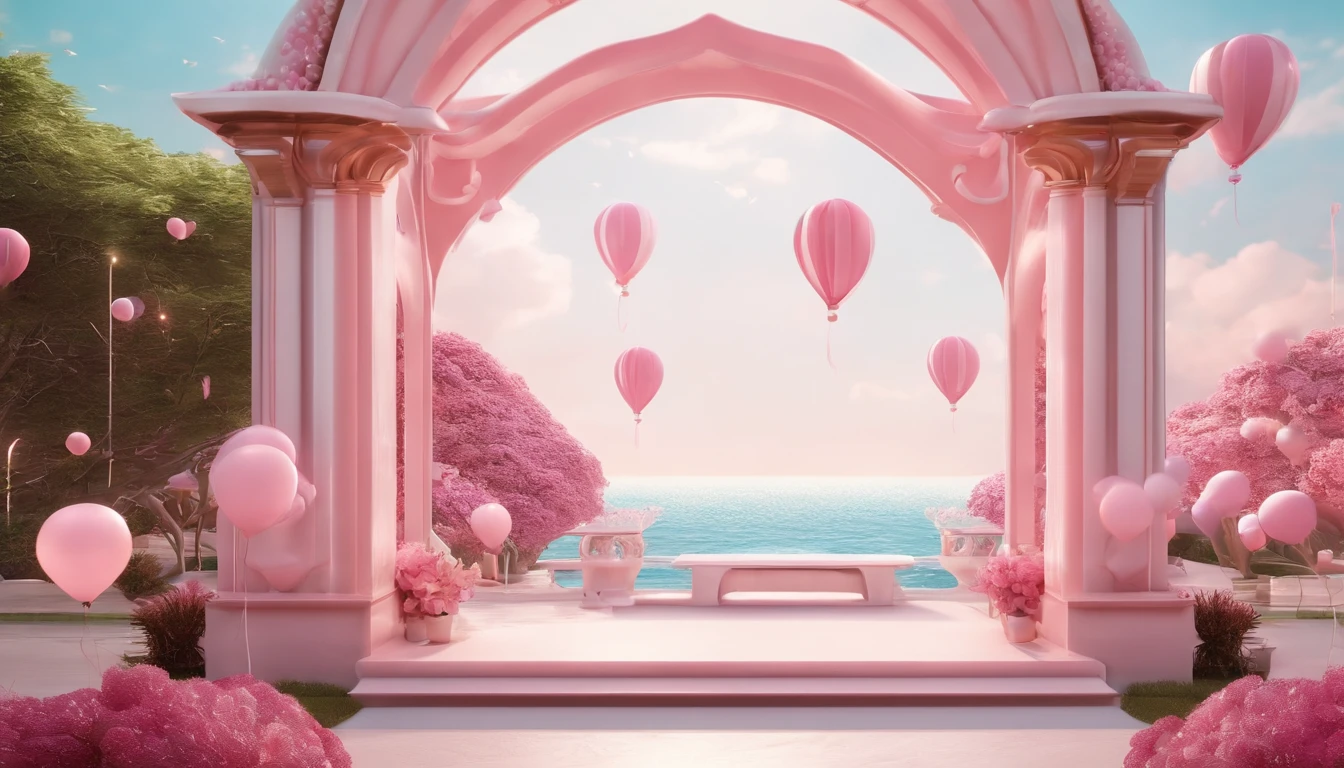 There is a pink and white arch,With balloons and benches, pink zen style, pink landscape, dreamy scenes, looking out at a pink ocean, 3 d render stylized, stylized 3d render, surreal 3 d render, bubbly scenery, surreal dream landscape, 3 d stylize scene, stylized as a 3d render, dreamy atmosphere and drama