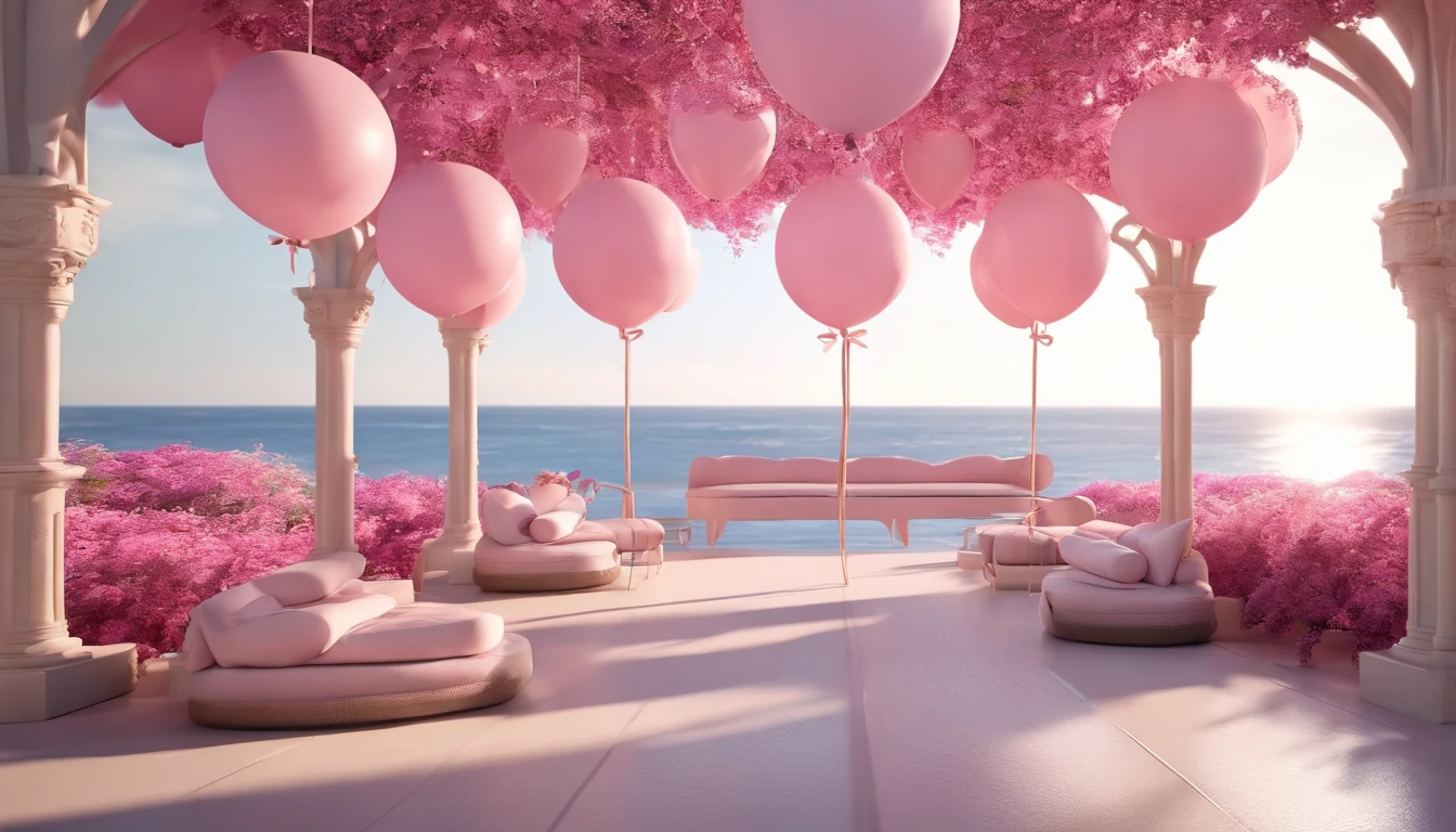 There is a pink and white arch，With balloons and benches, pink zen style, pink landscape, dreamy scenes, looking out at a pink ocean, 3 d render stylized, stylized 3d render, surreal 3 d render, bubbly scenery, surreal dream landscape, 3 d stylize scene, stylized as a 3d render, dreamy atmosphere and drama