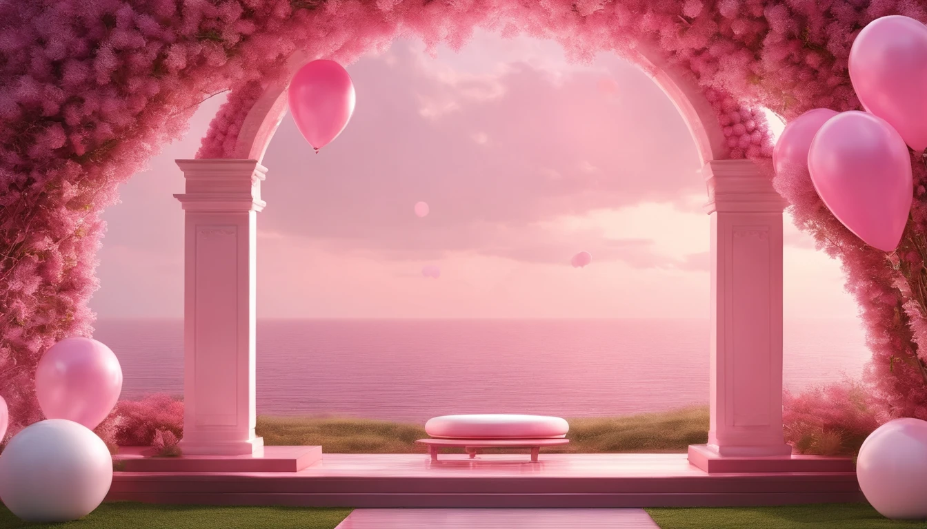 There is a pink and white arch,With balloons and benches, pink zen style, pink landscape, dreamy scenes, looking out at a pink ocean, 3 d render stylized, stylized 3d render, surreal 3 d render, bubbly scenery, surreal dream landscape, 3 d stylize scene, stylized as a 3d render, dreamy atmosphere and drama