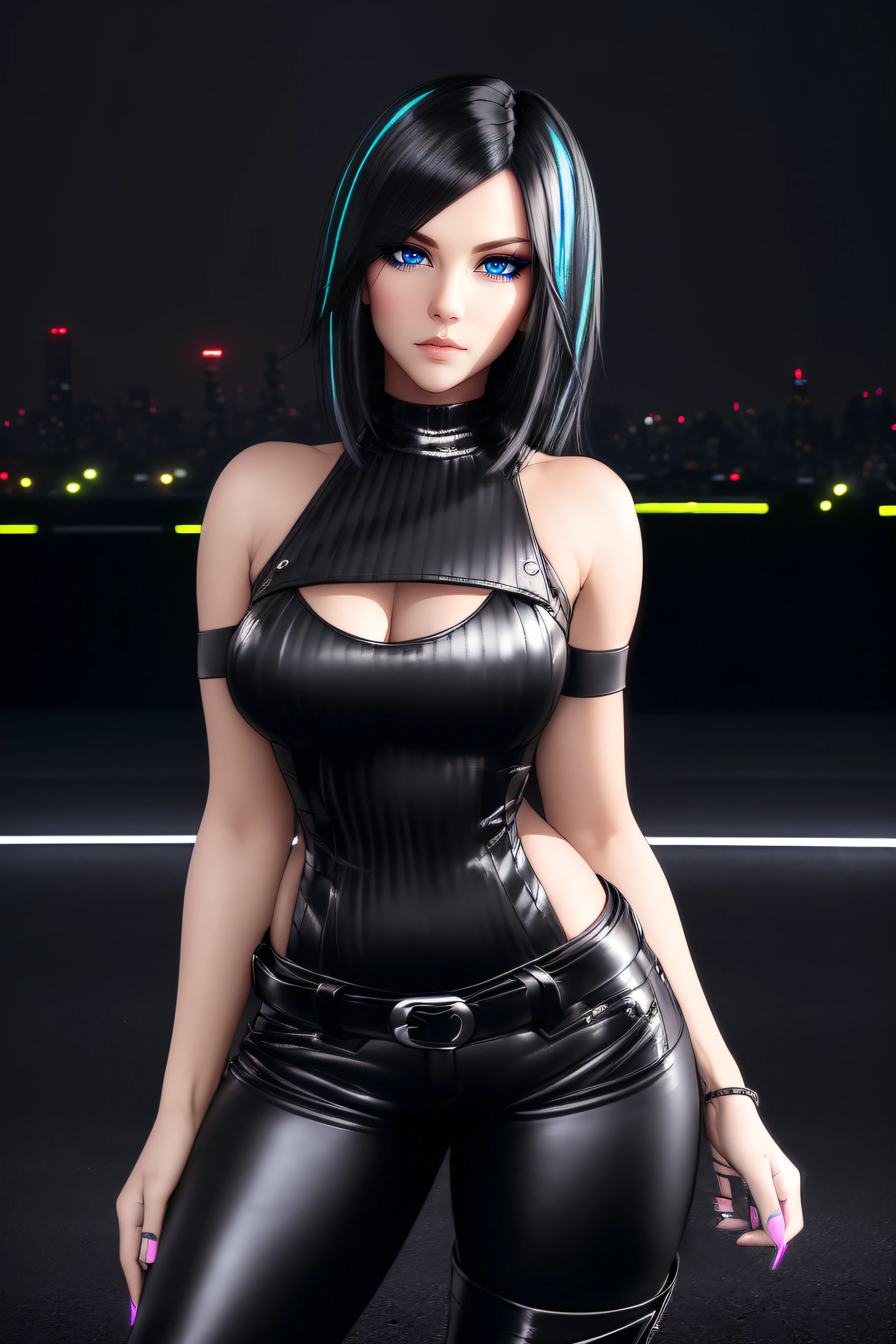 25-Year-Old Woman, Full Body, Adult, ((standing:1.4)), (confident gaze:1.1), short bright neon streaked black hair, ((realistic highly detailed eyes:1.4)), ((seductive pose:1.2)), black eyeshadow, (street style wear:1.2), ((tight fitted pants)), ((knee high leather boots)), (dark city night black background:1.4), Serious Face,Realistic Face Resolution,Realistic,Object Resolution