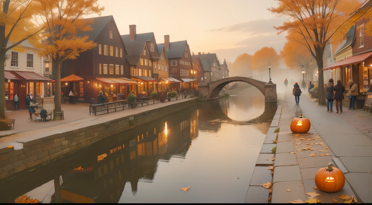 November, New England Town, vintage streetscape, warm hues, cobblestone, wooden storefronts, sunrise, burgundy leaves, people in cozy scarves and woolen coats, coffee, paper bags, cold, bookstore window, cozy cafe, glistening river, historic bridge, misty morning, pumpkins, tranquil village square, early morning light, charming autumn atmosphere