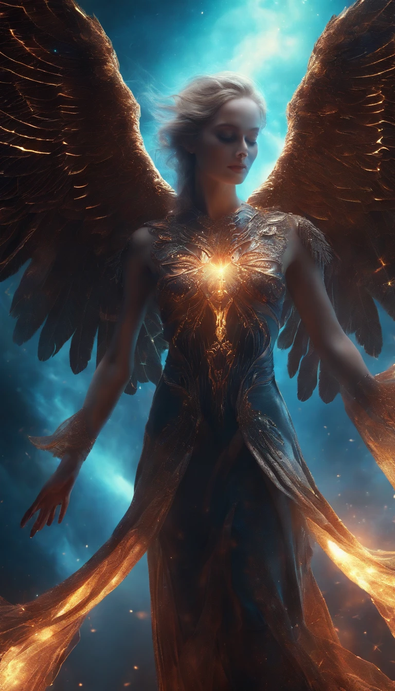 Cosmic Fallen Angel, shining eyes, Biomechanics, wonderful, Scary, nightmare, The colors are very bright., light particle, With a shining light., Mshiff, Wallpaper Art, UHD wallpaper