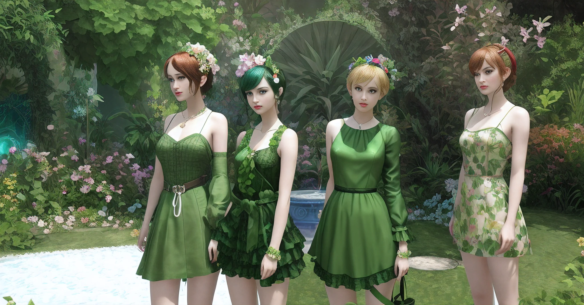 Three women in green and brown dresses holding kittens stand next to the pool, in a cyberpunk garden, inspired by Konstantin Somov, second life avatar, digital collage, Green clothes, Inspired by Barbara Balmer（Barbara Balmer）（Barbara Balmer）, photorender, Barbara Balmer, triad of muses, sirens, ecopunk rococo, videogame still, Screenshot of fashion game, the non-binary deity of spring