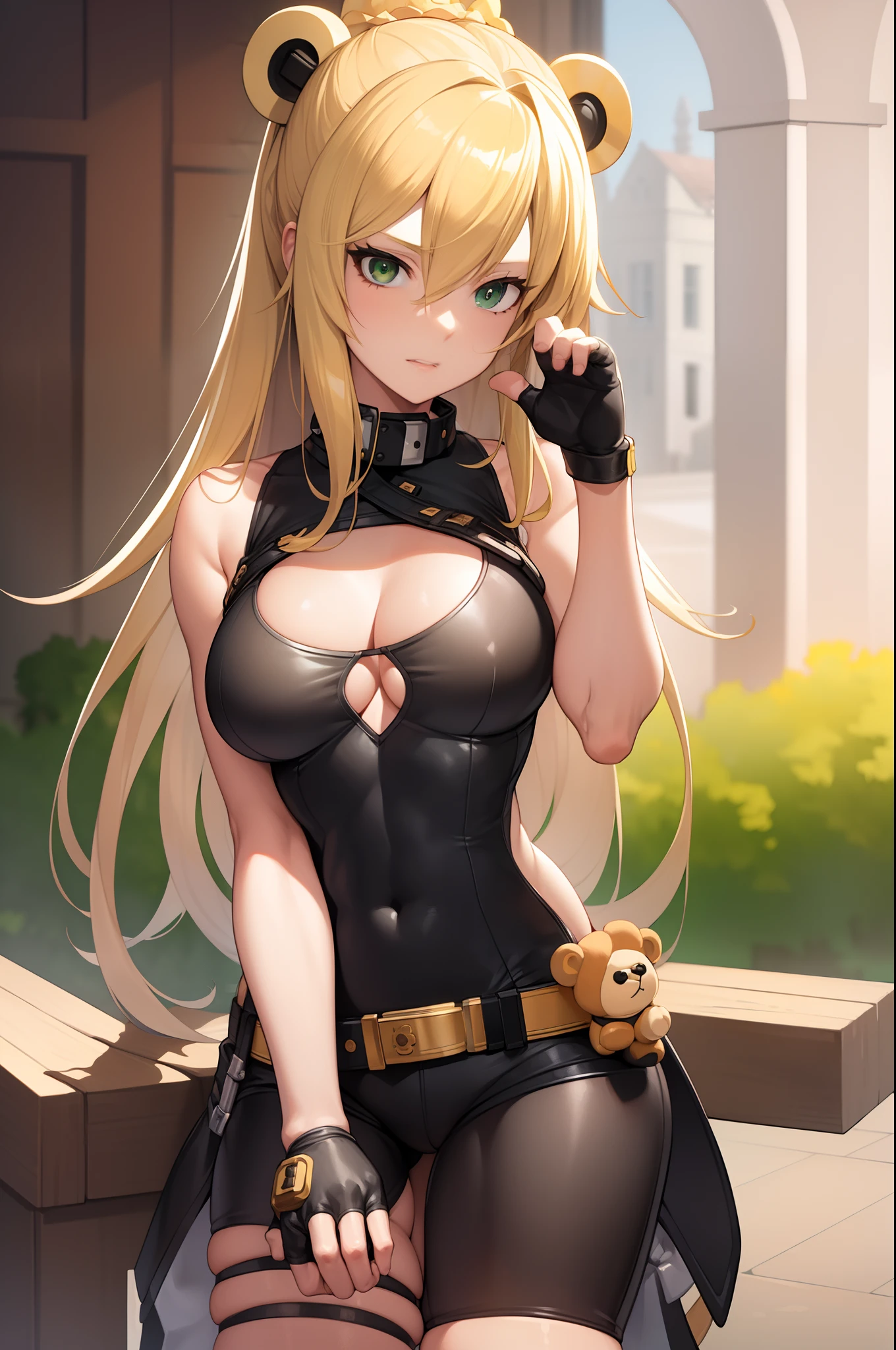 ((masterpiece)), (best quality), (detailed), (1 girl),bridget \(guilty gear\),blonde hair,fingerless gloves,green eyes,teddy bear,bike shorts