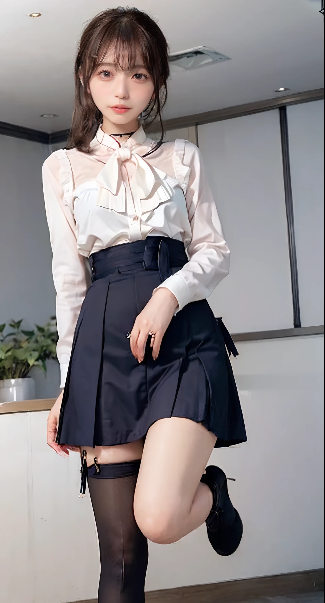(((Kamimei、Jumping、Mouth ajar))),(((((pencil skirts、frombelow、Jumping、Black stockings、Navy blue recruit suit and skirt、White ruffled blouse with ribbon、high-heels、raise her legs))))),((In the office、In the company、In the reception room、frombelow))、masutepiece, 1girl in, best qualtiy, Ultra Detail, (shiny), (Small)、(((with blush cheeks,))),Ray tracing,Perfect Lighting, (milky skin:1.2),reflection, up looking_で_viewer, blush, bow ribbon, Medium Curl Hair、yellow_Eyes, White choker, Low_Twin-tailed、Japan's cutest 28-year-old beautiful girl、Small ribbons in the hair