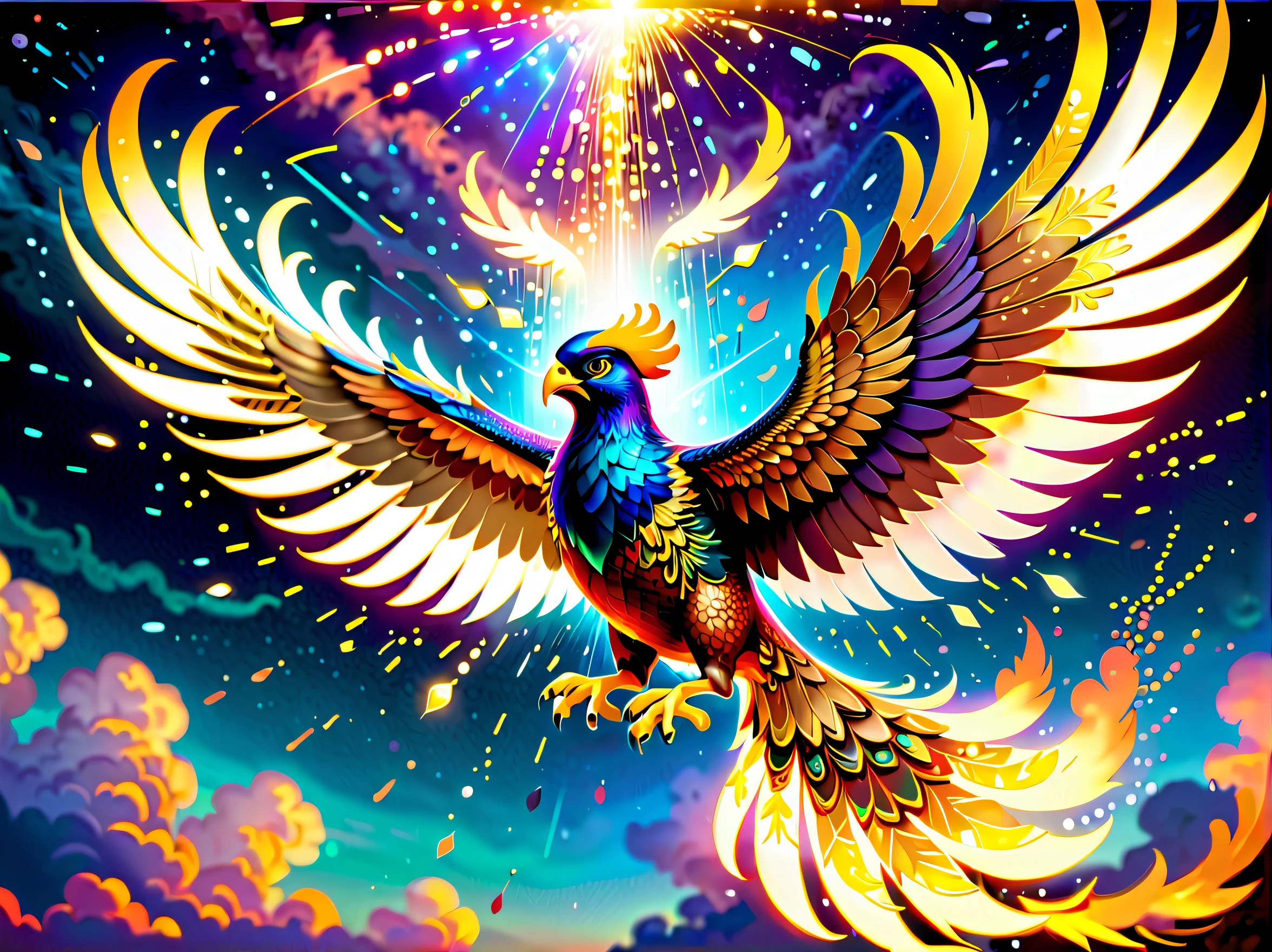 ((Pixar style digital code program phoenix illustration:1.2)), (flying in the sky with stunning pose:1.3), ((sparkling light falling down:1.3)), (((elegance and integrity wish:1.3))), dark rich colors of beautiful pixel glow, (((intricate insane details:1.3))), (((intricate fine details:1.3))), (((beautiful sad masterpiece:1.3))), very detailed and complex digital paint, (((nice detail quality:1.3))), (((intricate insane details:1.3))), (((intricate fine details:1.3))), (((beautiful sad masterpiece:1.3))), (very detailed and complex digital paint:1.3), (((nice detail quality:1.3))), (envision a vibrant and detailed rendering:1.2),