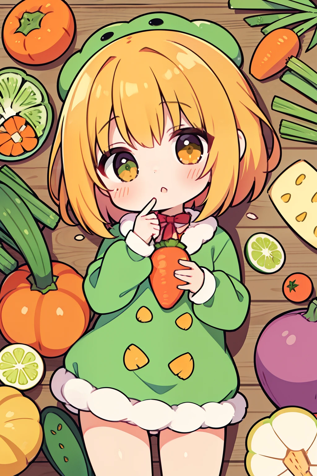 ((masutepiece:1.4, Best Quality)), ((masutepiece, Best Quality)),Illustration,(1girl in:1.5)(Verdure:1.5),(Vegetable Mascot Costume:1.2),carrots, tomatoes, Potato, Pineapple, broccoli, onion, lettuce, green pepper, cucumber, cauliflower, Eggplant, courgette, pumpkins, Satsuma, radish, col, Bean, cones, asparagus, brussels sprouts,（Orange hair）,corolla