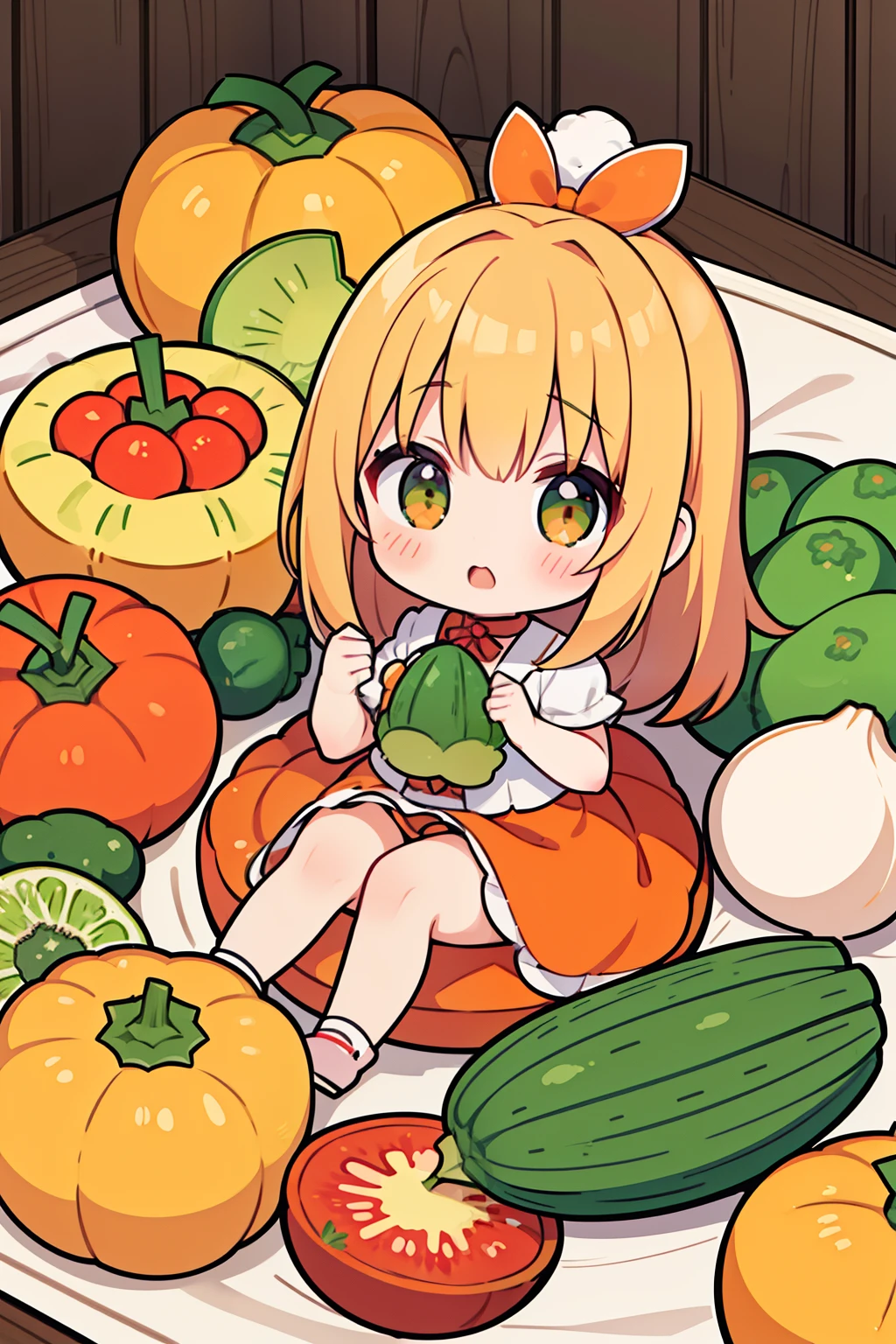 ((masutepiece:1.4, Best Quality)), ((masutepiece, Best Quality)),Illustration,(1girl in:1.5)(Verdure:1.5),(Vegetable Mascot Costume:1.2),carrots, tomatoes, Potato, Pineapple, broccoli, onion, lettuce, green pepper, cucumber, cauliflower, Eggplant, courgette, pumpkins, Satsuma, radish, col, Bean, cones, asparagus, brussels sprouts,(Orange hair),corolla