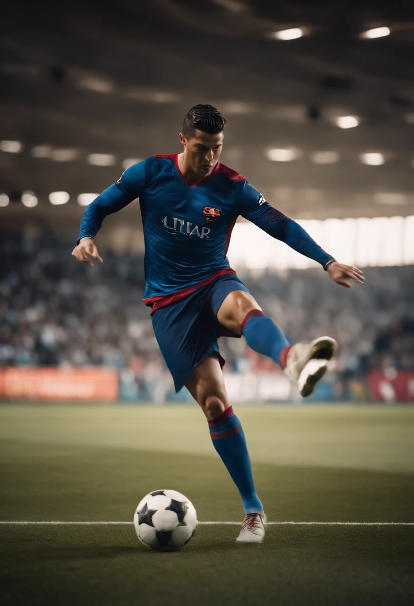 Ronaldo is wearing a Superman costume and kicking a soccer ball