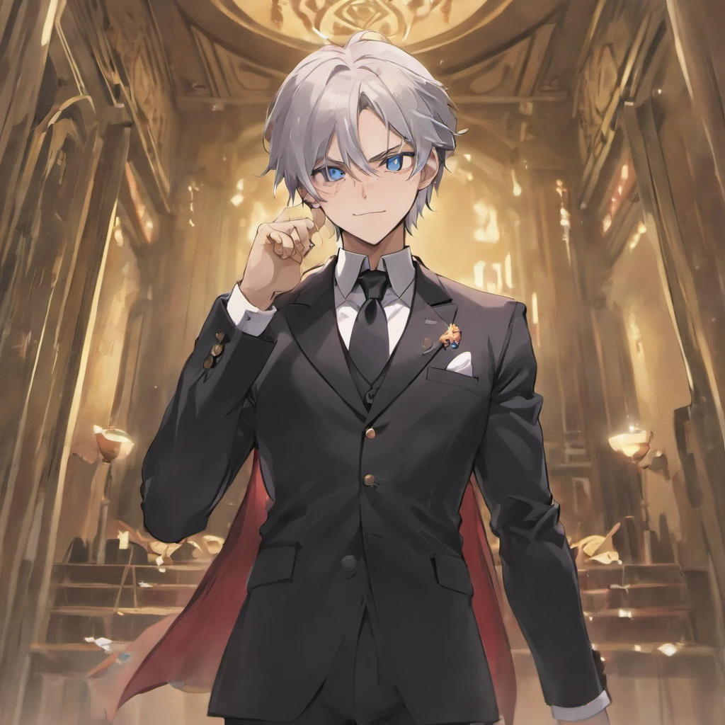 Muscular male, bara, daddy, gay, kind look, handsome,  butler, 50s age, white beard, white mustache, white hair, black butler suit, black butler uniform, black casual shoes, white gloves, blue eyes, standing, luxury room background, detailed background, detailed body, detailed face, detailed art, UHD, high quality, best quality, masterpiece, full body shot,