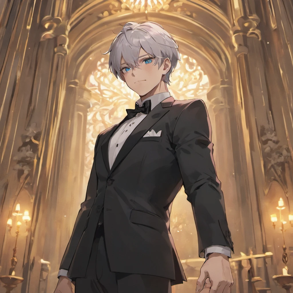 Muscular male, bara, daddy, gay, kind look, handsome,  butler, 50s age, white beard, white mustache, white hair, black butler suit, black butler uniform, black casual shoes, white gloves, blue eyes, standing, luxury room background, detailed background, detailed body, detailed face, detailed art, UHD, high quality, best quality, masterpiece, full body shot,