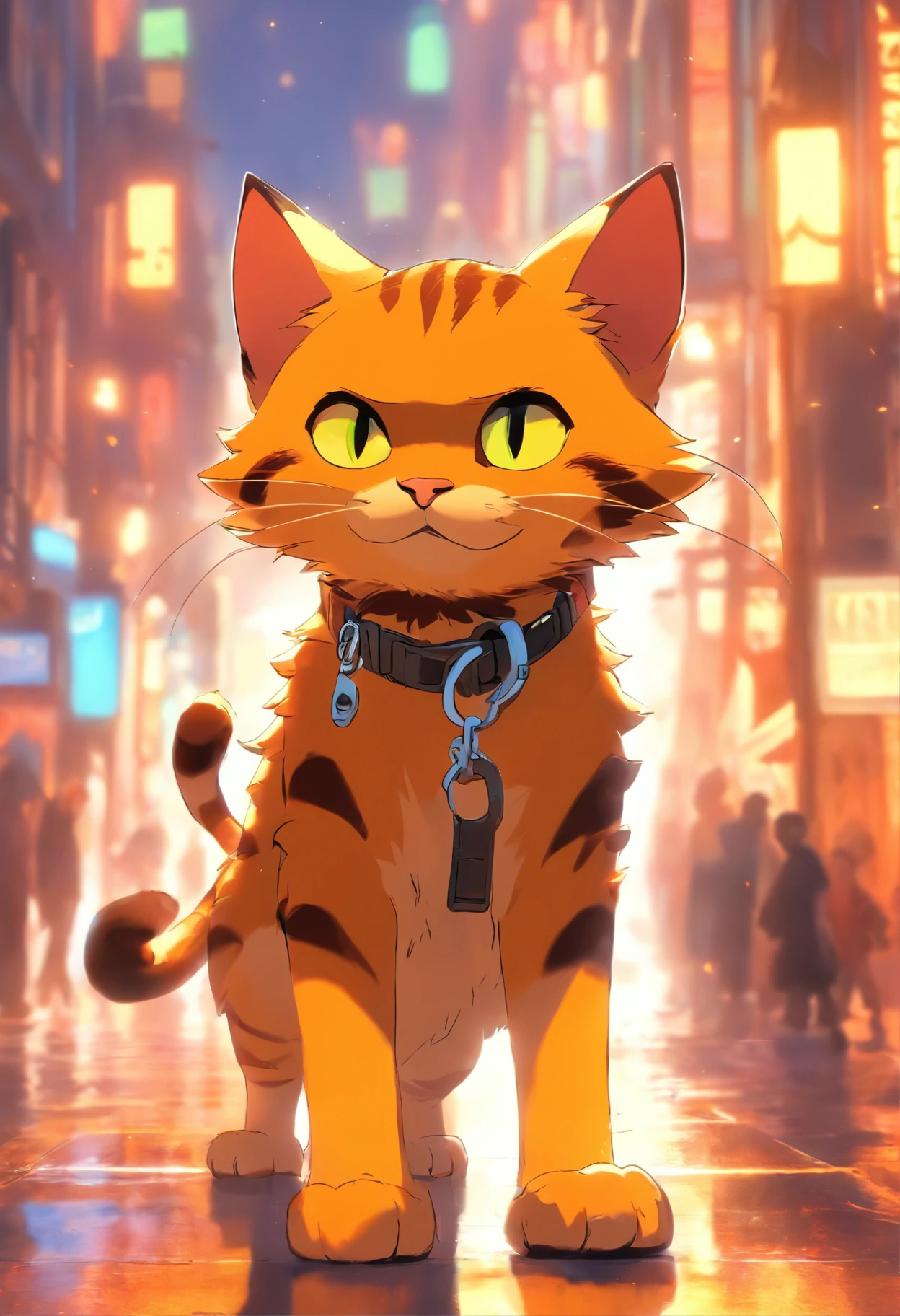 Crie personagem estilo Pixar, gato tigrado escuro de peto claro, olhos amarelos, Wearing a leash and strolling in the square
