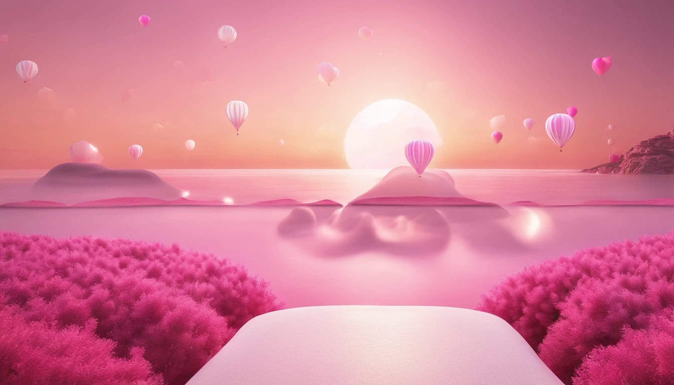 There is a pink and white arch,With balloons, pink zen style, pink landscape, dreamy scenes, looking out at a pink ocean, 3 d render stylized, stylized 3d render, surreal 3 d render, bubbly scenery, surreal dream landscape, 3 d stylize scene, stylized as a 3d render, dreamy atmosphere and drama,