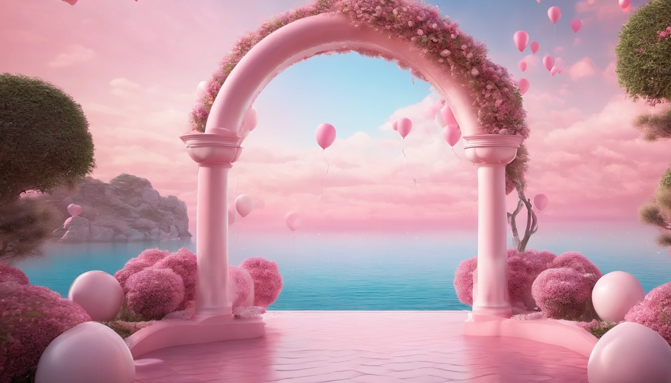 There is a pink and white arch，With balloons, pink zen style, pink landscape, dreamy scenes, looking out at a pink ocean, 3 d render stylized, stylized 3d render, surreal 3 d render, bubbly scenery, surreal dream landscape, 3 d stylize scene, stylized as a 3d render, dreamy atmosphere and drama,