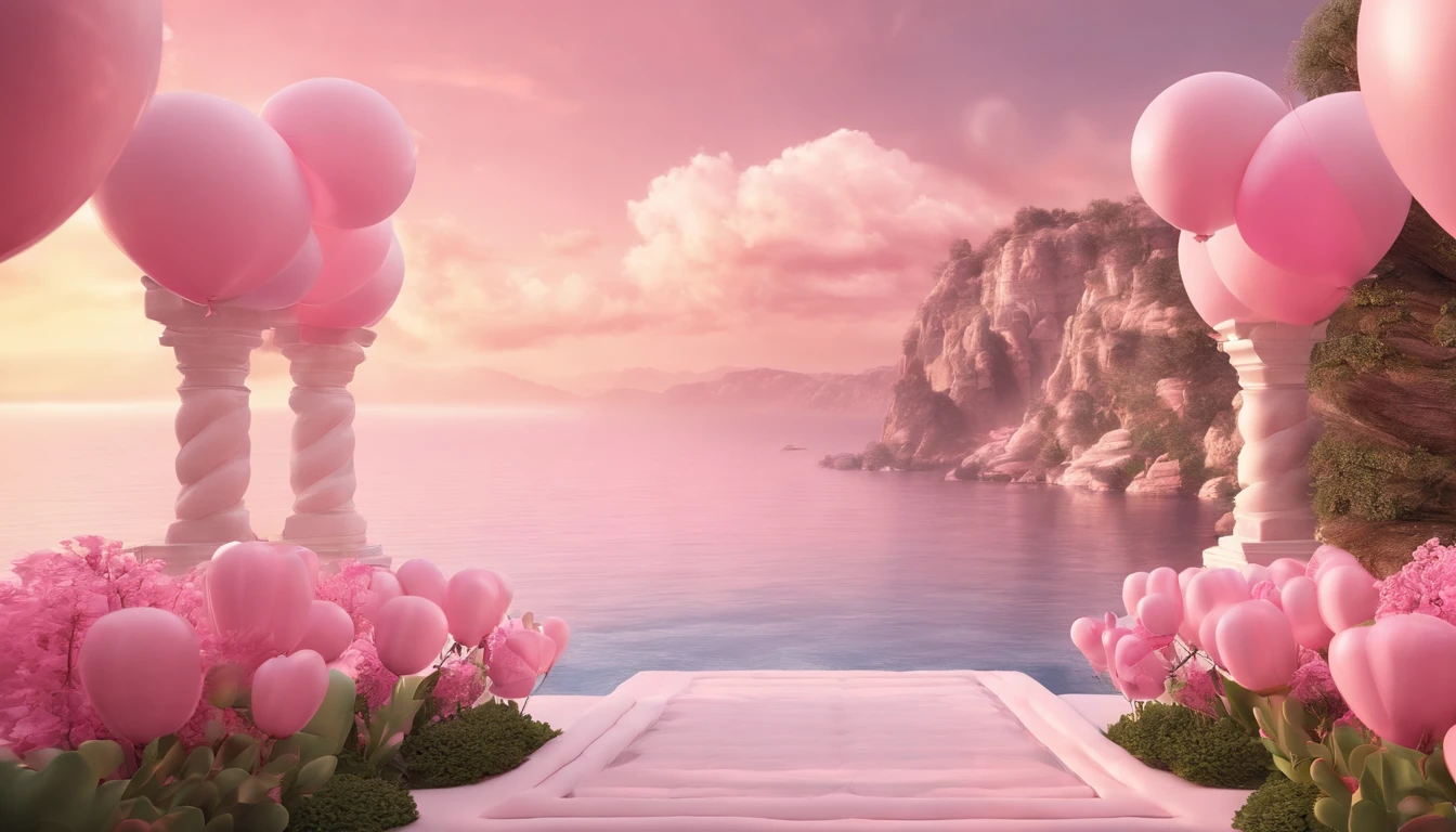 There is a pink and white arch,With balloons, pink zen style, pink landscape, dreamy scenes, looking out at a pink ocean, 3 d render stylized, stylized 3d render, surreal 3 d render, bubbly scenery, surreal dream landscape, 3 d stylize scene, stylized as a 3d render, dreamy atmosphere and drama,