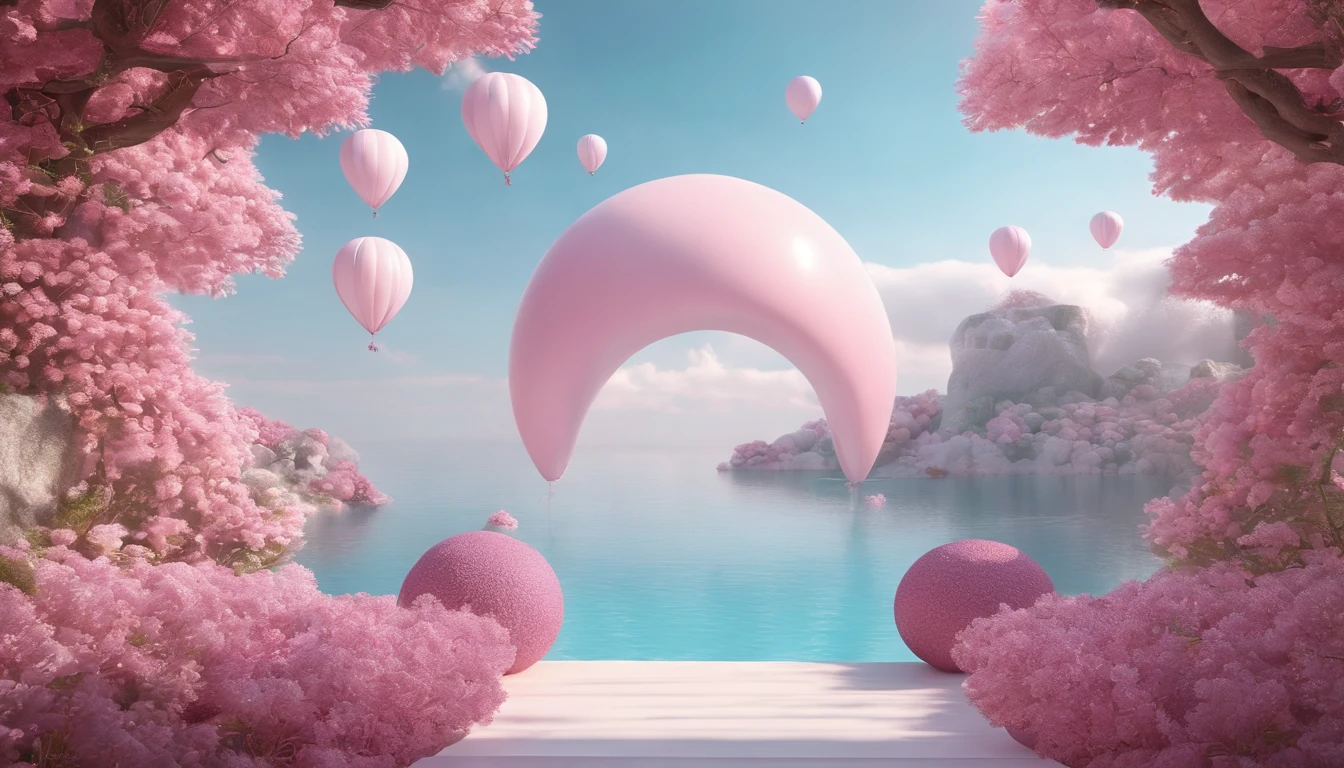 There is a pink and white arch，With balloons, pink zen style, pink landscape, dreamy scenes, looking out at a pink ocean, 3 d render stylized, stylized 3d render, surreal 3 d render, bubbly scenery, surreal dream landscape, 3 d stylize scene, stylized as a 3d render, dreamy atmosphere and drama,