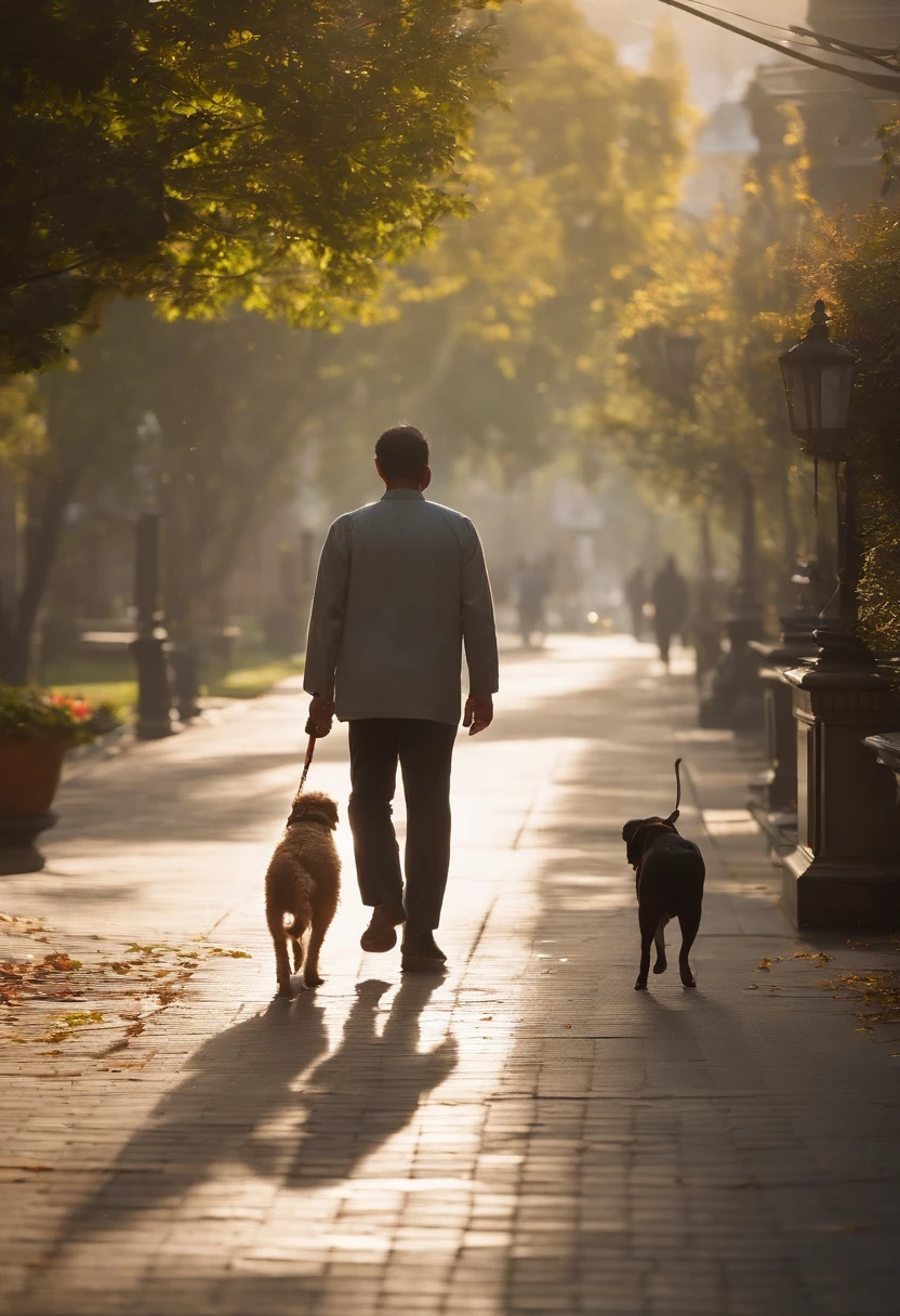 Alafidian man walking his dog on a leash on the sidewalk, with his hyperactive little dog, with dogs, Kim Do-young, , on a bright day, Sunny day, In the yard, water dripping off him, sunny day time, wash off in the rain, In sunny weather, In the garden，3D，cartoonish style，Disney