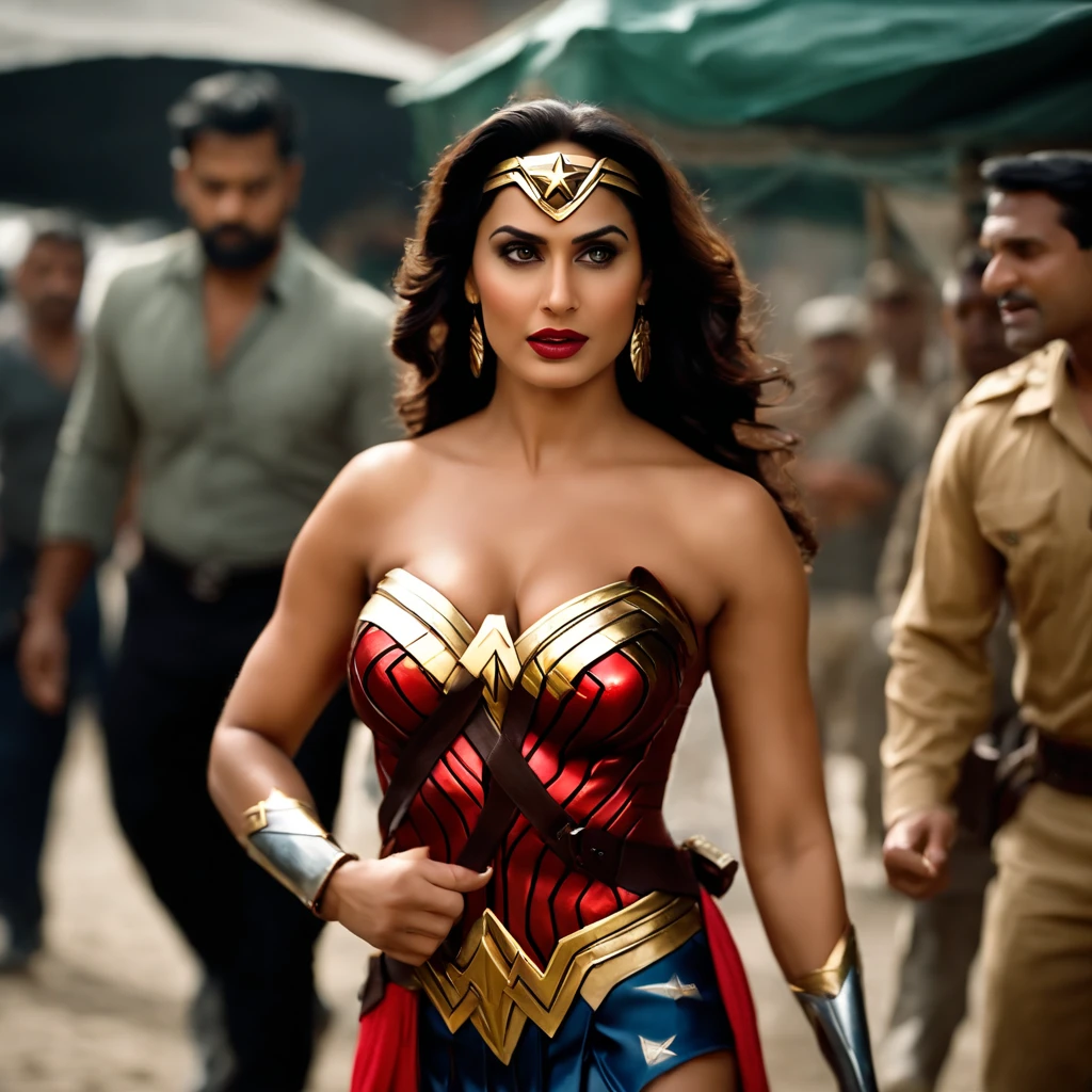 A hot busty savita bhabhi in wonder woman costume surrounded by men in market, showing belly, navel, seducing, bhabhi takes shower with them, bhabhi bathes with them, they grab her breast, bhabhi lust full expression, Cleavage, fully wet body