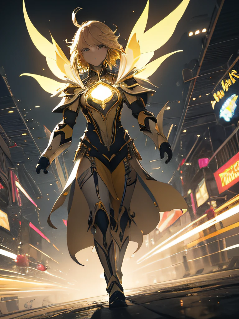 In a yellow futuristic light a man leading a group of knights.
BREAK
With a brave expression, she guides them towards their destination.
BREAK
Behind her, a luxury casino stretches rise behind
BREAK
The most suitable effect for this scene would be a watercolor painting technique to capture the softness of the yellow light and the fluidity of the movement.