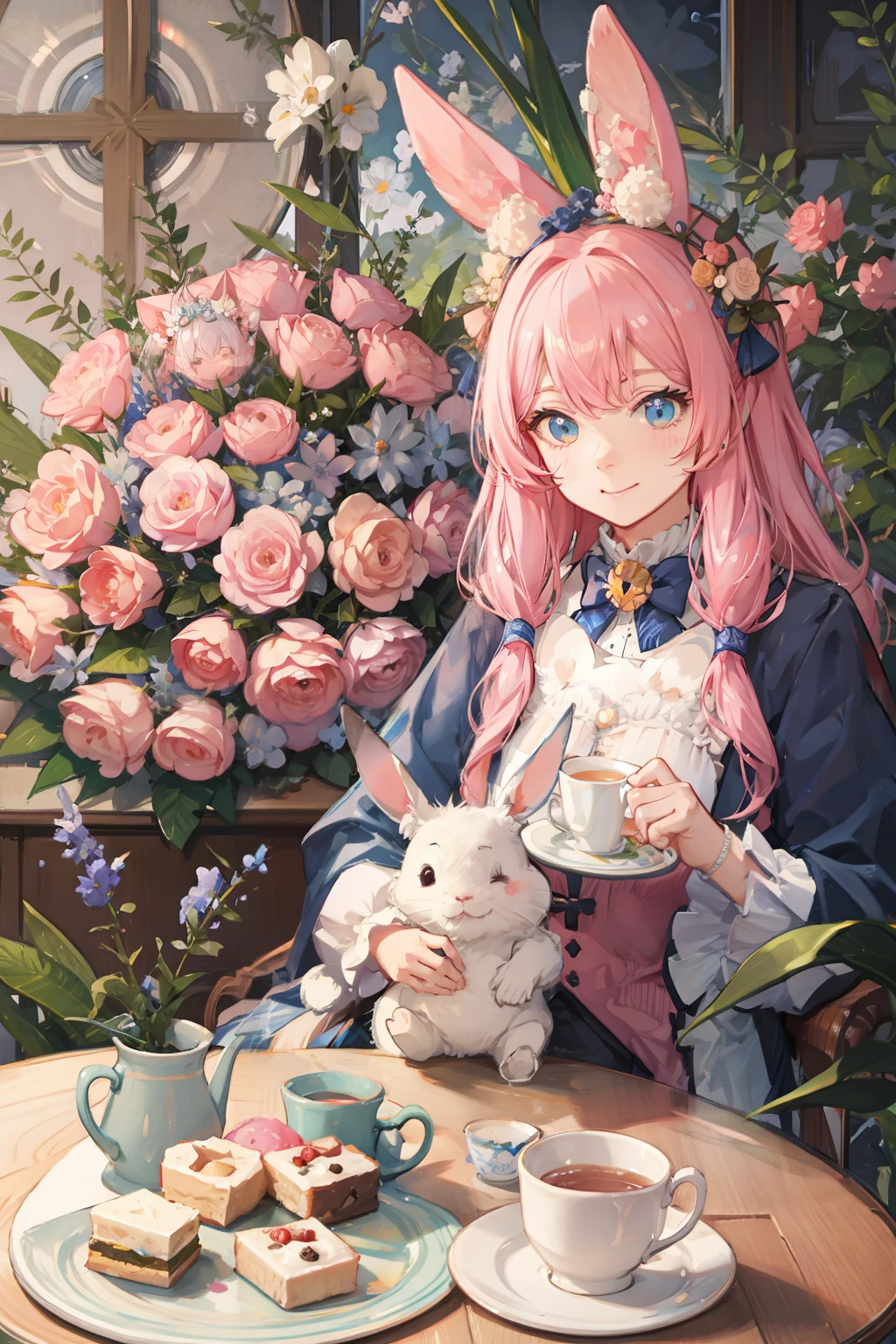 (Cute illustration:1.5),Peter Rabbit Rabbit , Garden party surrounded by flowers , Cute smiling girl, With twin tails、Hair color is pink , Blue pastel color outfit、Peter Rabbit is holding a , tea parties, a cake、 macaroons、donut、cookies、black tea、cute little、Cute 、Dolce、fluffly、Dolce、Pale shades