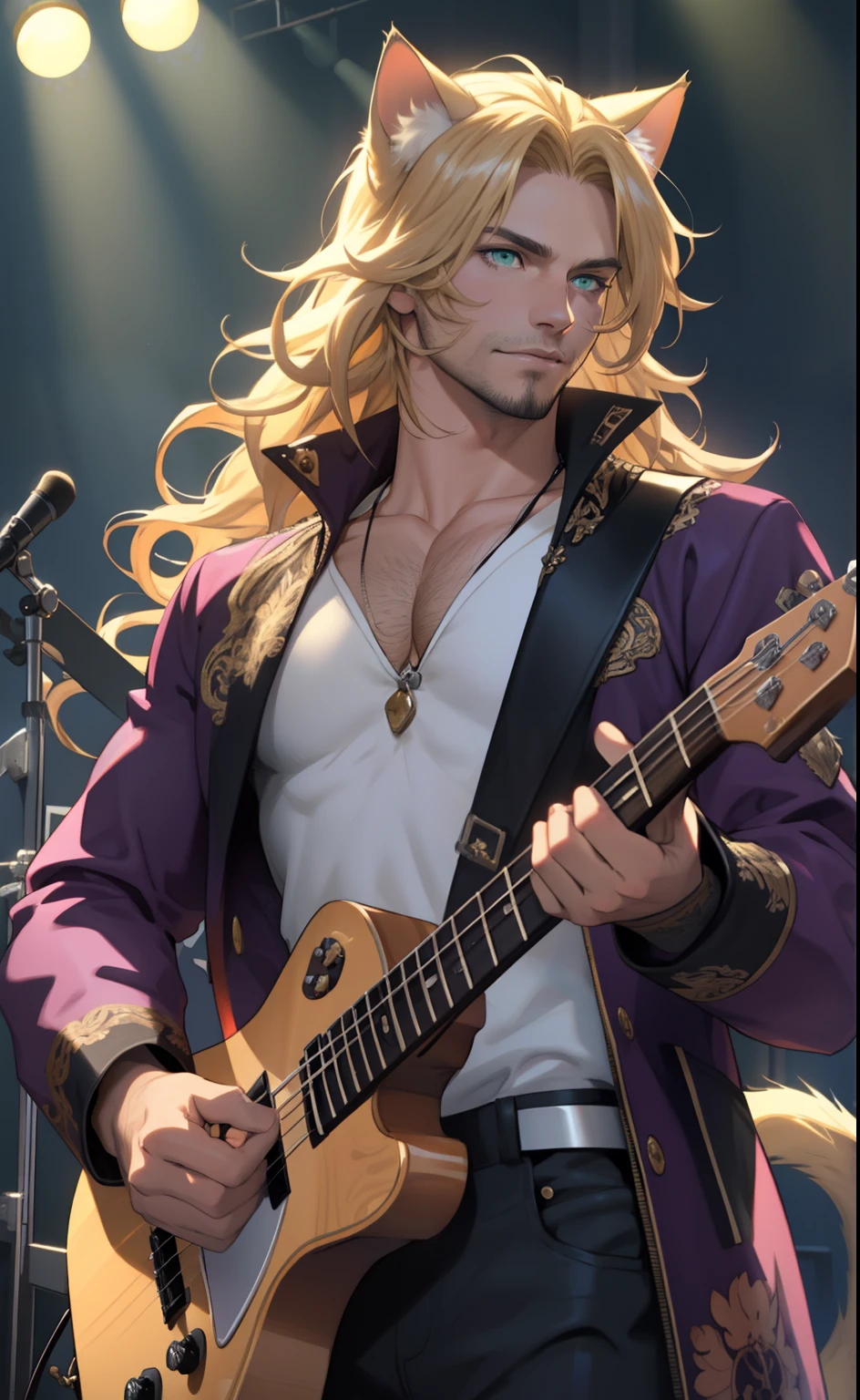 Purple fur lined jacket, one male, cat ears, long hair, blond, blond hair, green eyes, tall, muscular, white shirt, beautiful face, highest quality, masterpiece, 2d, anime, perfect face, highest detail, feline eyes, stubble, cat tail, wavy hair, cowboy shot, detailed face, intricate details, holding black bass guitar, stage background