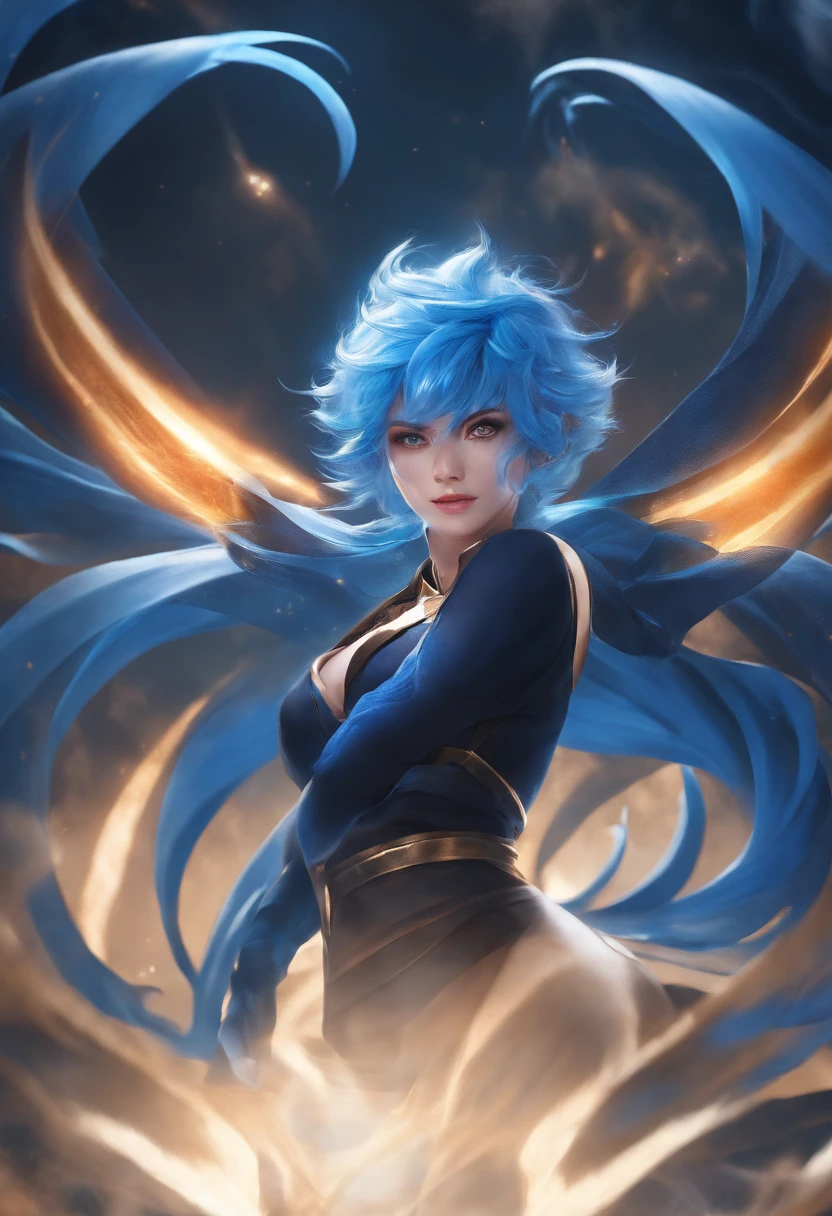 Gojo Gojo，Blue hair，harsh eyes，The whole body gives off a blue aura，4K，Wallpaper Art，light Particle