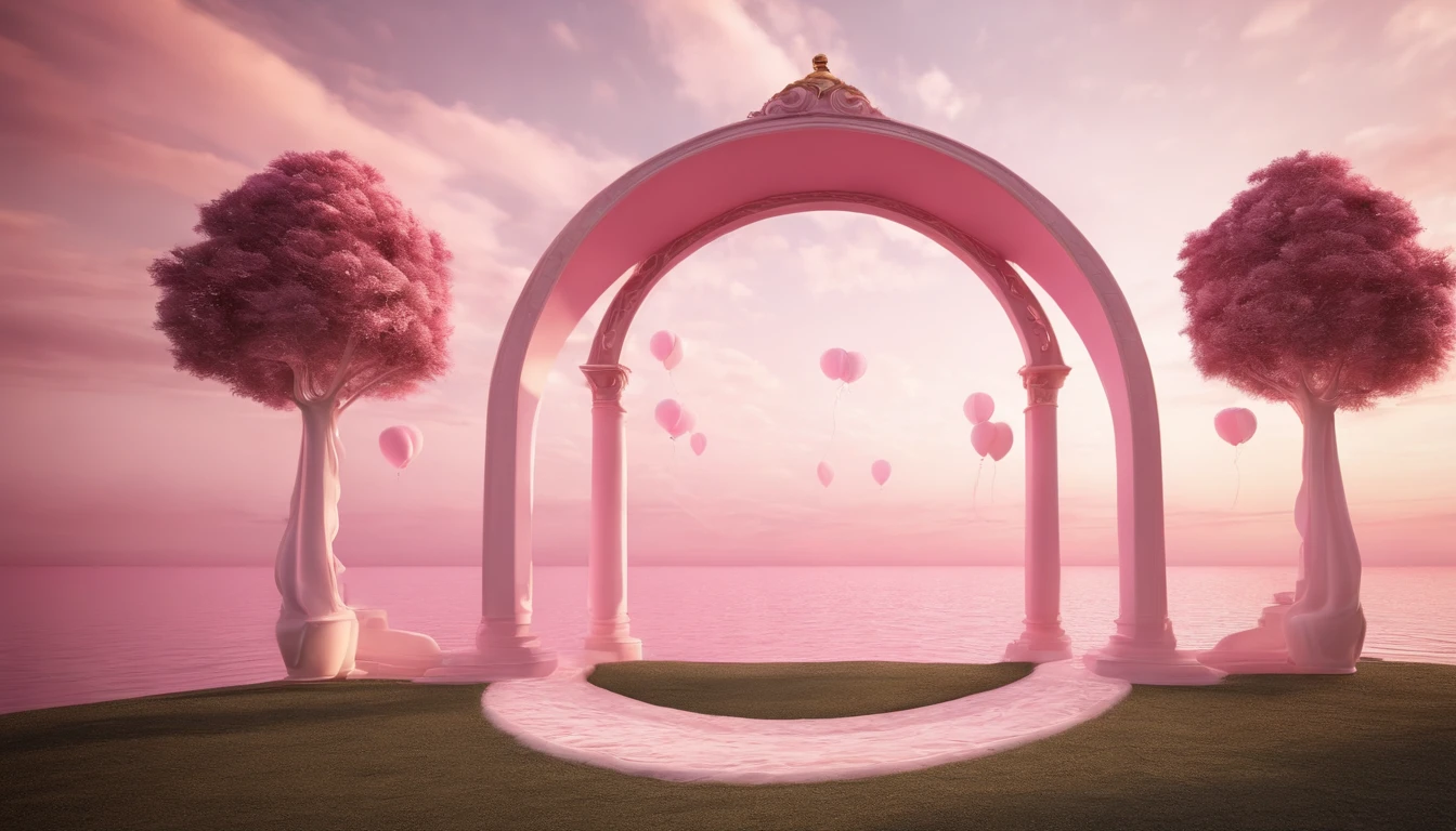 There is a pink and white arch，With balloons, pink zen style, pink landscape, dreamy scenes, looking out at a pink ocean, 3 d render stylized, stylized 3d render, surreal 3 d render, bubbly scenery, surreal dream landscape, 3 d stylize scene, stylized as a 3d render, dreamy atmosphere and drama,